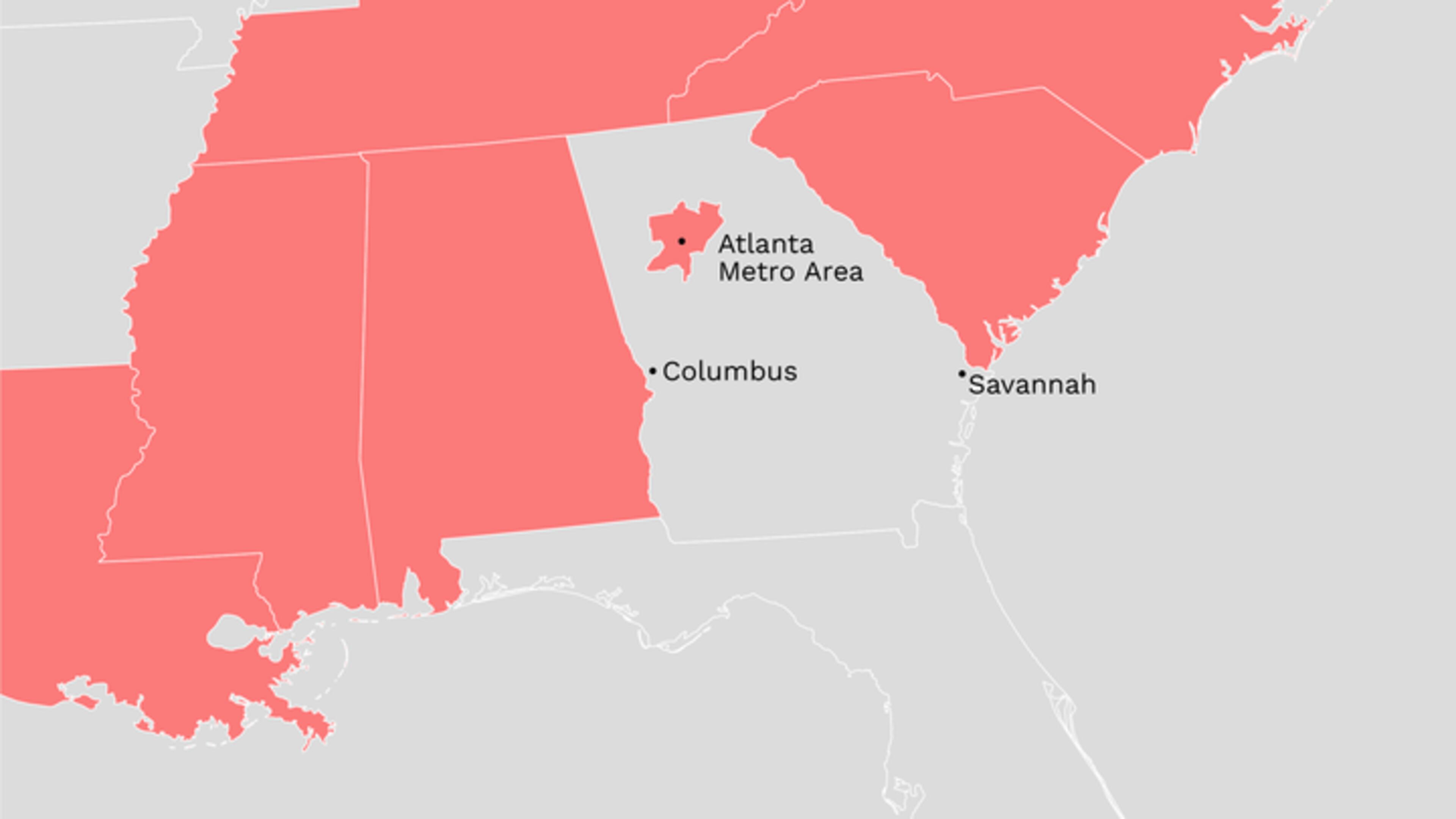 The coverage area for the 2025 American South Michelin Guide is shown in red. (Credit: Vemaps)