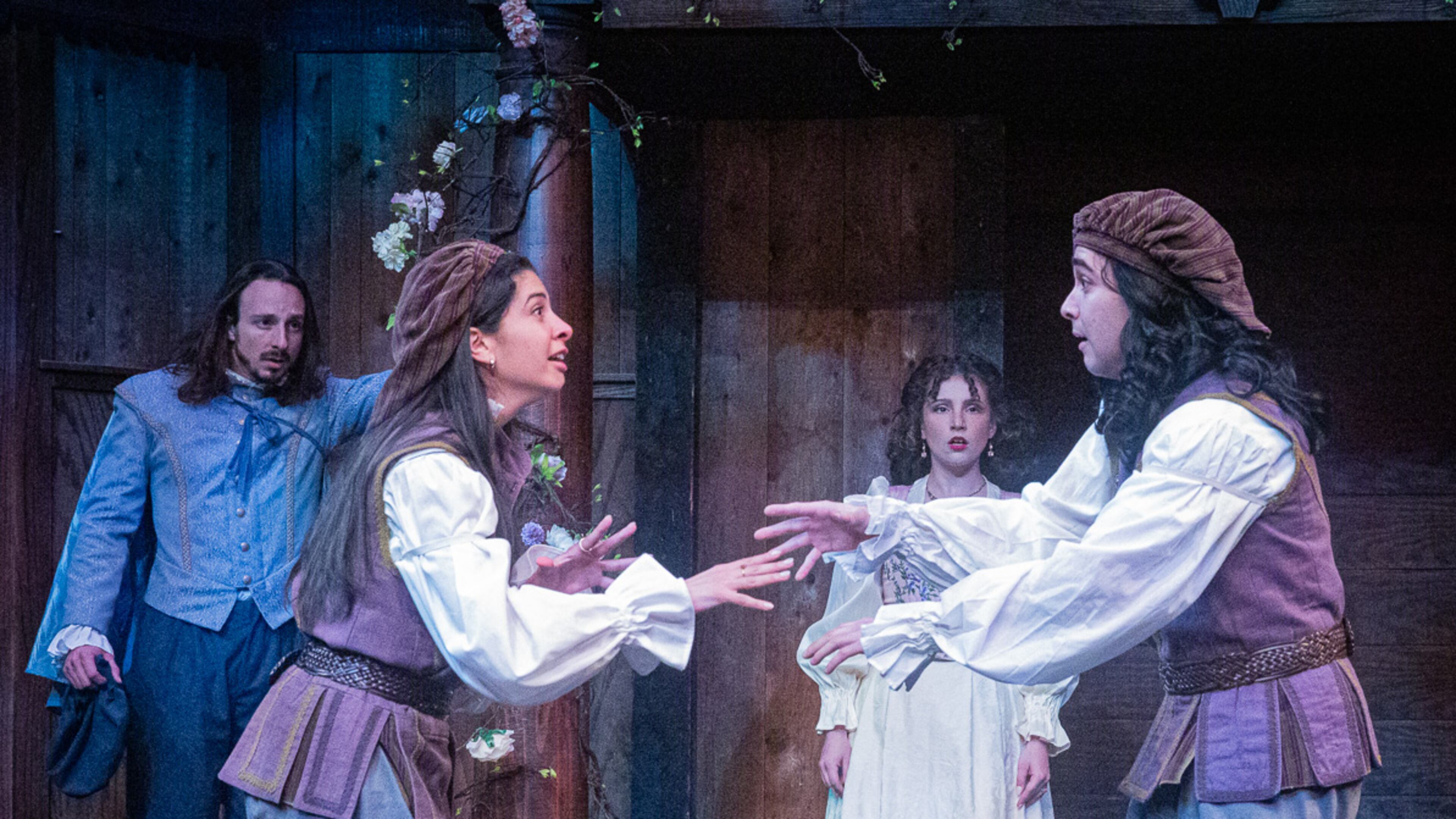 Twins Viola (Alejandra Ruiz, foreground left) and Sebastian (Roberto Mendez, foreground right) navigate confusion and romance with Orsino (Benedetto Robinson) and Lady Olivia (Anna Holland) in "Twelfth Night." (Photo by Jeff Watkins)