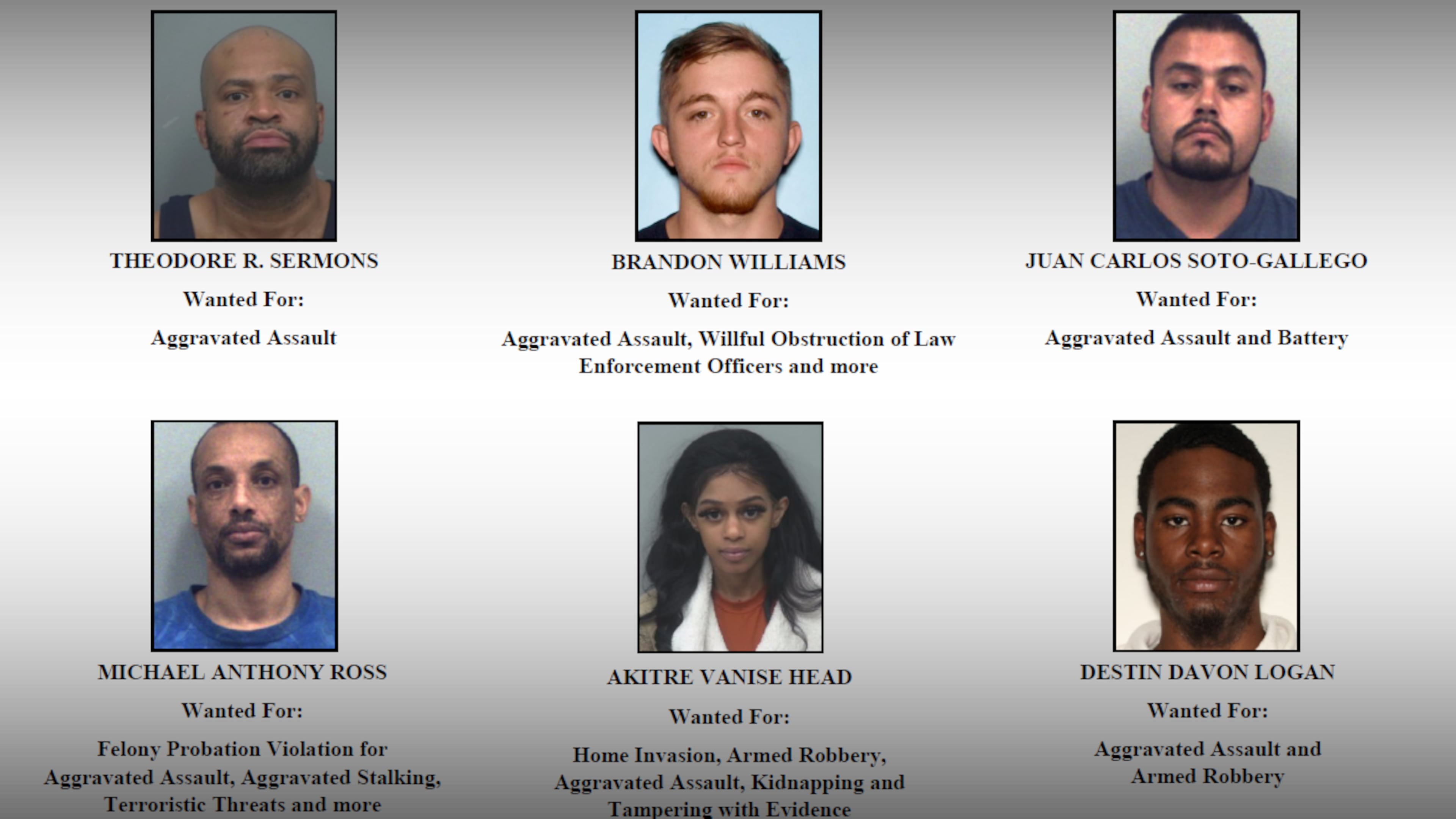 The Gwinnett County Sheriff's Office is seeking these six suspects with outstanding warrants.