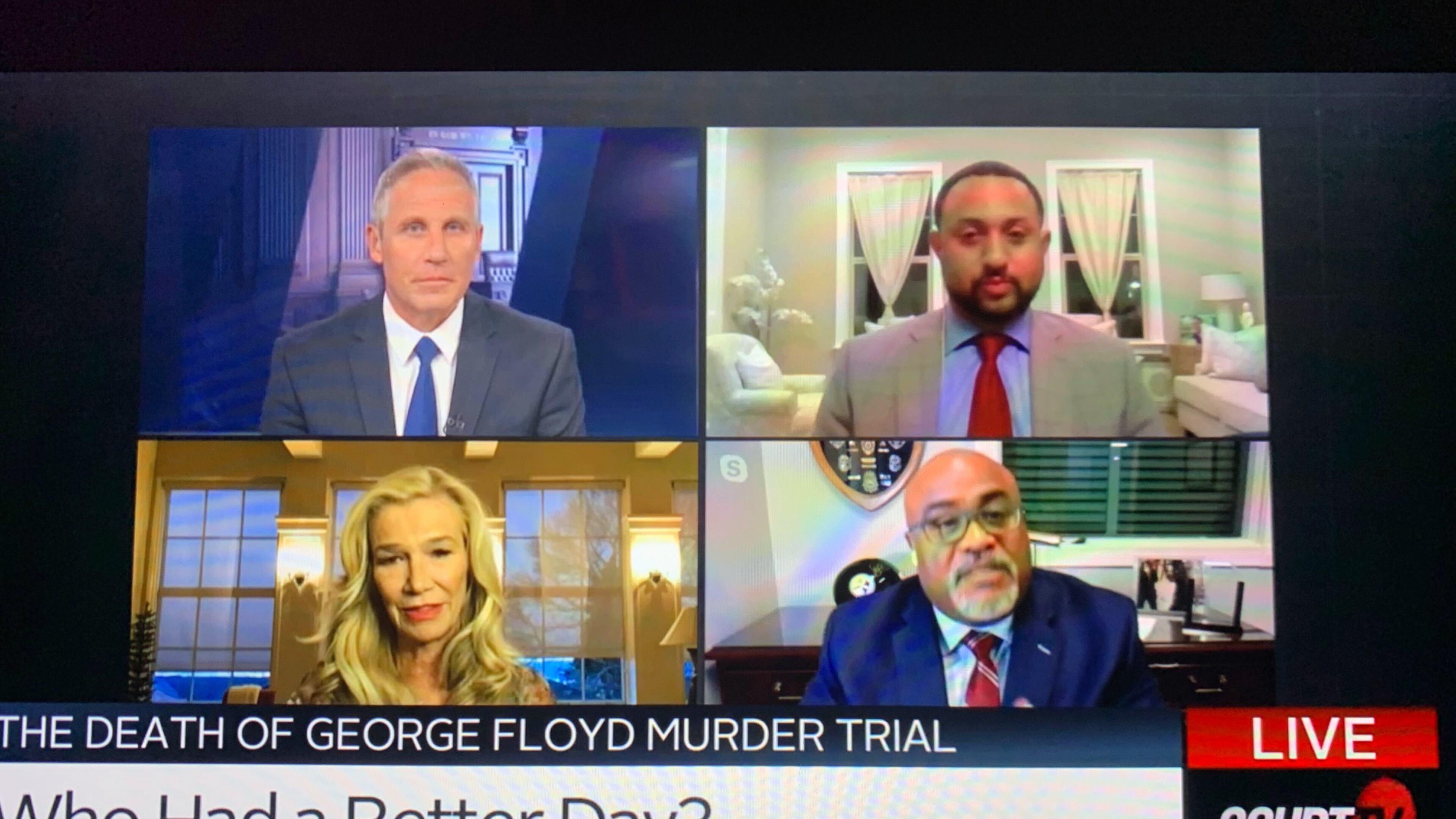Court TV during prime time on March 30, 2021, the second day of the Derek Chauvin trial, led by Vinnie Politan (top left). COURT TV