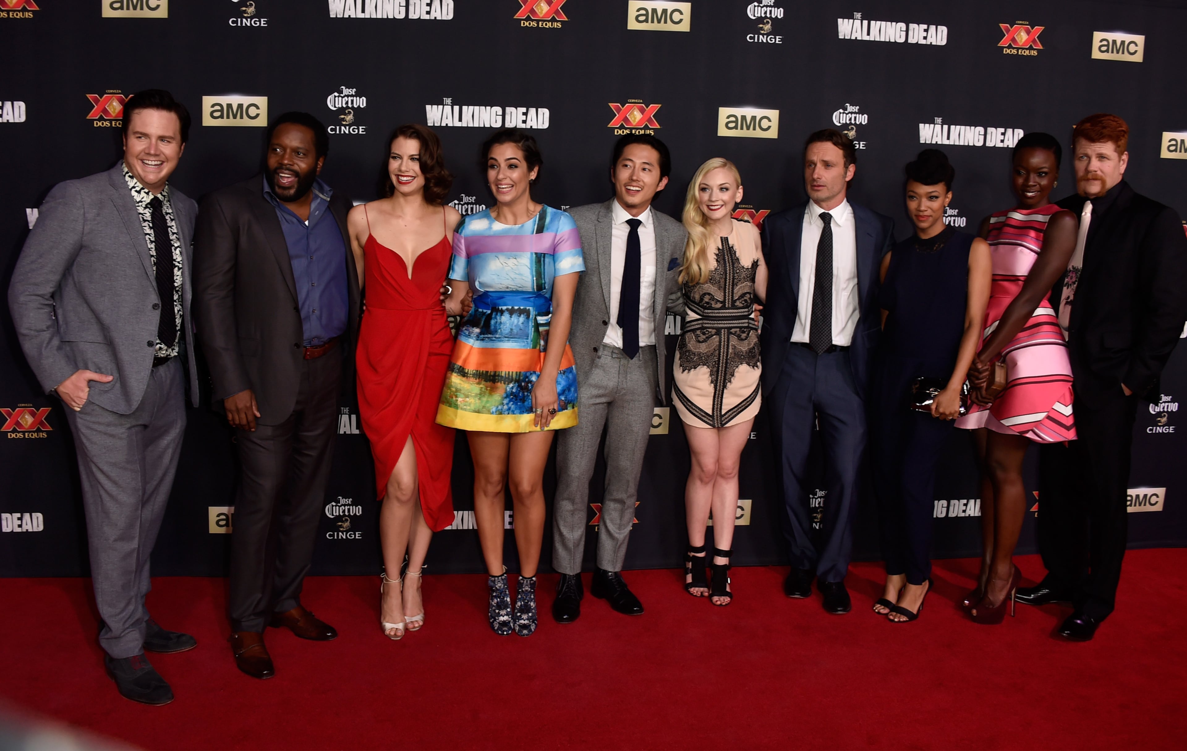 UNIVERSAL CITY, CA - OCTOBER 02: The cast of "The Walking Dead" (L-R) Josh McDermitt, Chad L. Coleman, Lauren Cohan, Alanna Masterson, Steven Yeun, Emily Kinney, Andrew Lincoln, Sonequa Martin-Green, Danai Gurira, Michael Cudlitz, Melissa McBride, and Norman Reedus attend the season 5 premiere of "The Walking Dead" at AMC Universal City Walk on October 2, 2014 in Universal City, California. (Photo by Frazer Harrison/Getty Images)
