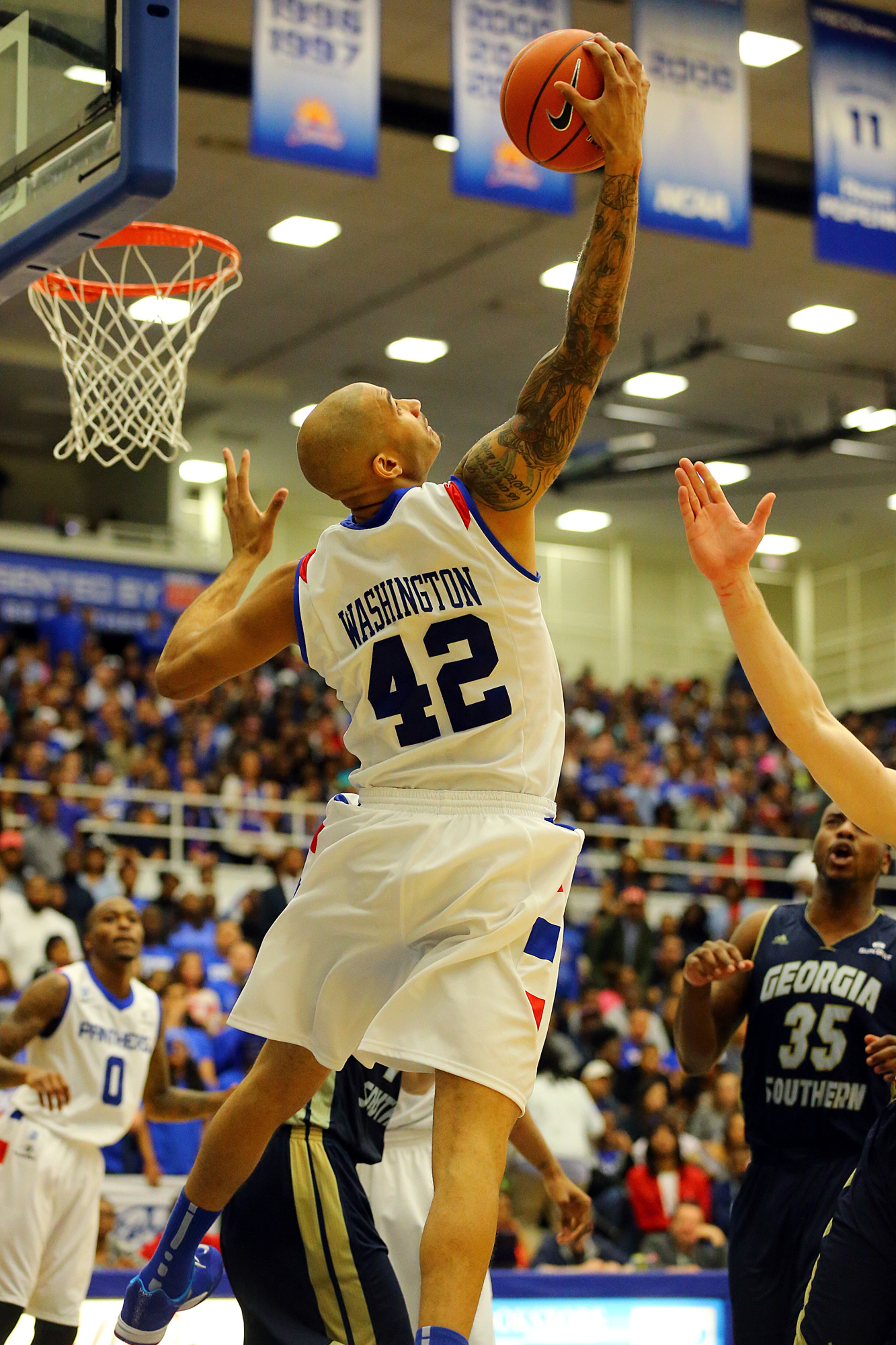 Georgia State forward Curtis Washington goes up for a rebound against Georgia Southern during a basketball game on Saturday, March 7, 2015, in Atlanta.