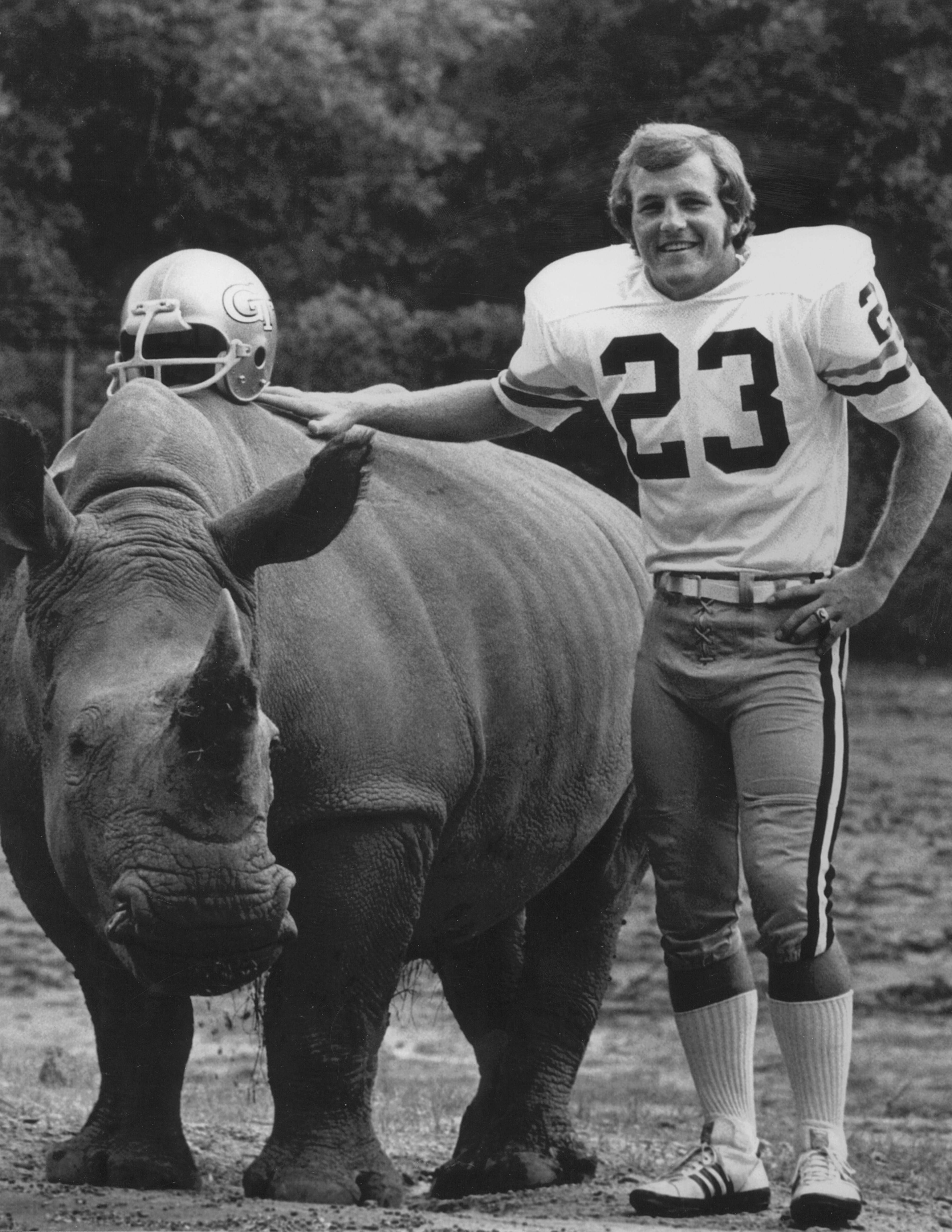 Three-time All-American Randy Rhino played at Georgia Tech from 1972-74. He inspired this photo at the Atlanta zoo of him and a rhino. (Photo courtesy of Georgia Tech Athletic Association)