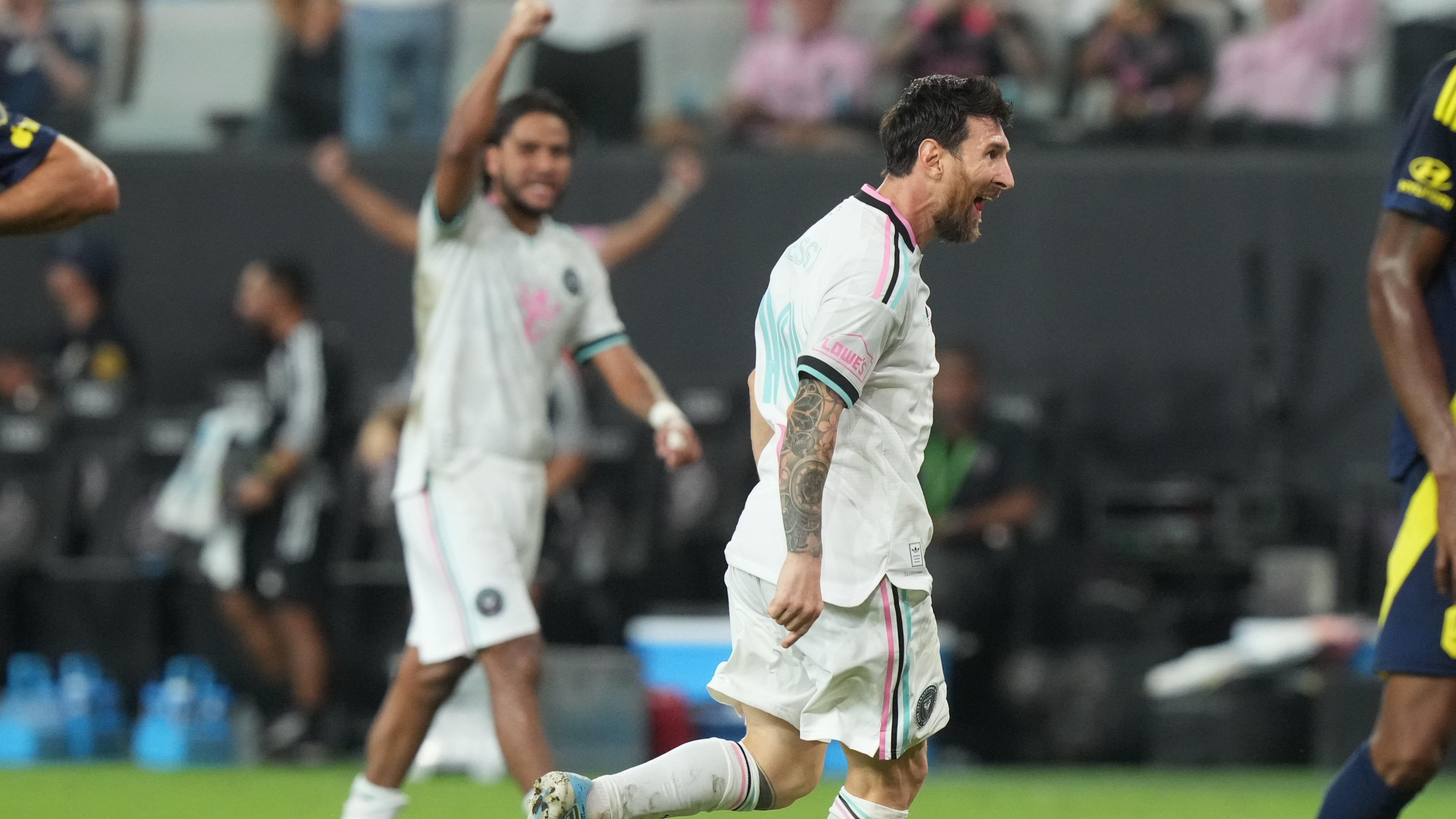Inter Miami forward Lionel Messi (10) celebrates after scoring a goal during the second half of an MLS soccer match against the Nashville Saturday, Sept. 12, 2026, in Miami. (AP Photo/Marta Lavandier)