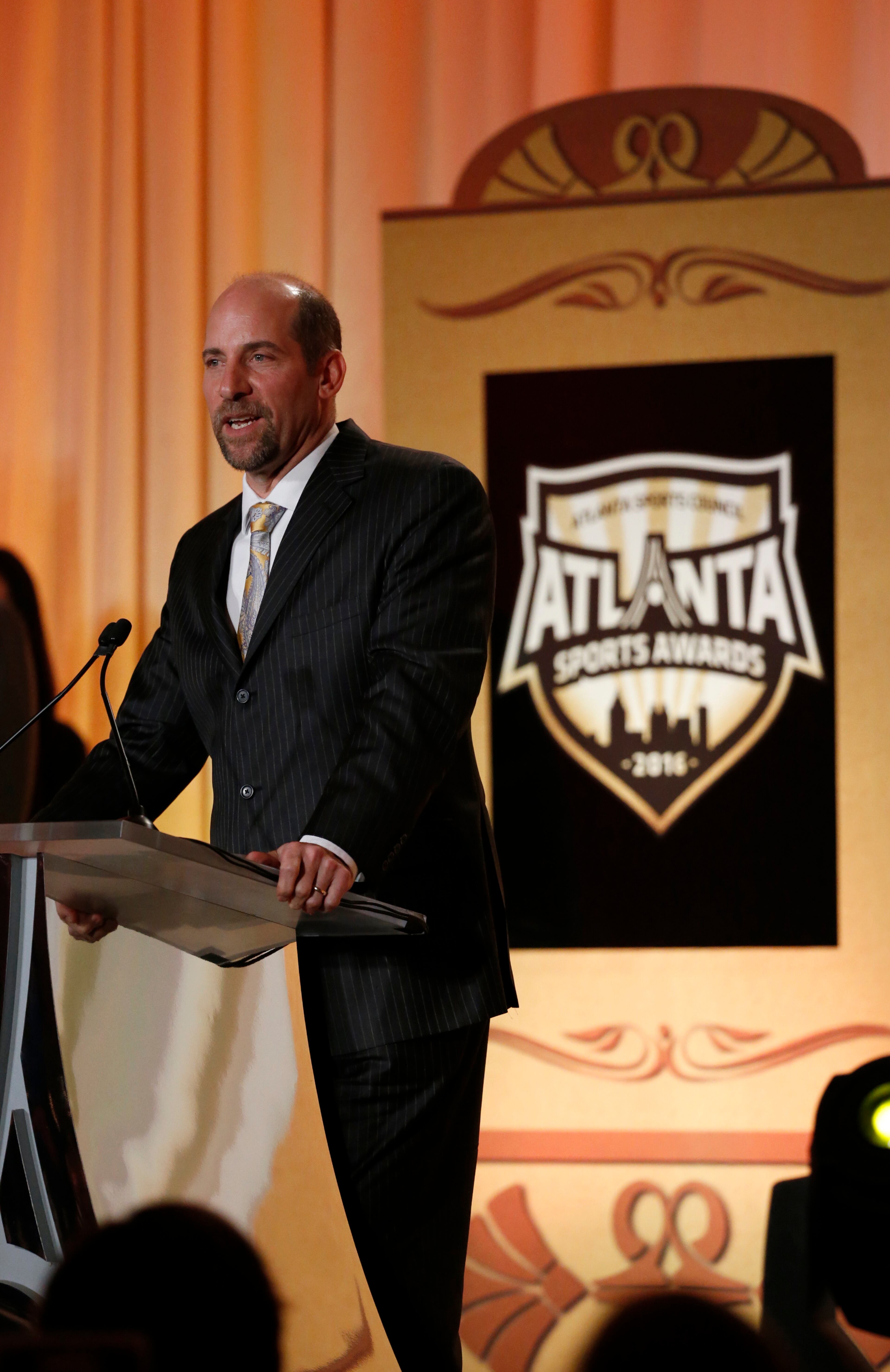 Former Atlanta Braves pitcher John Smoltz speaks after he received the 2016 Lifetime Achievement Award during the Atlanta Sports Awards at the Fox Theatre Thursday, February 25, 2016, in Atlanta. PHOTO / JASON GETZ