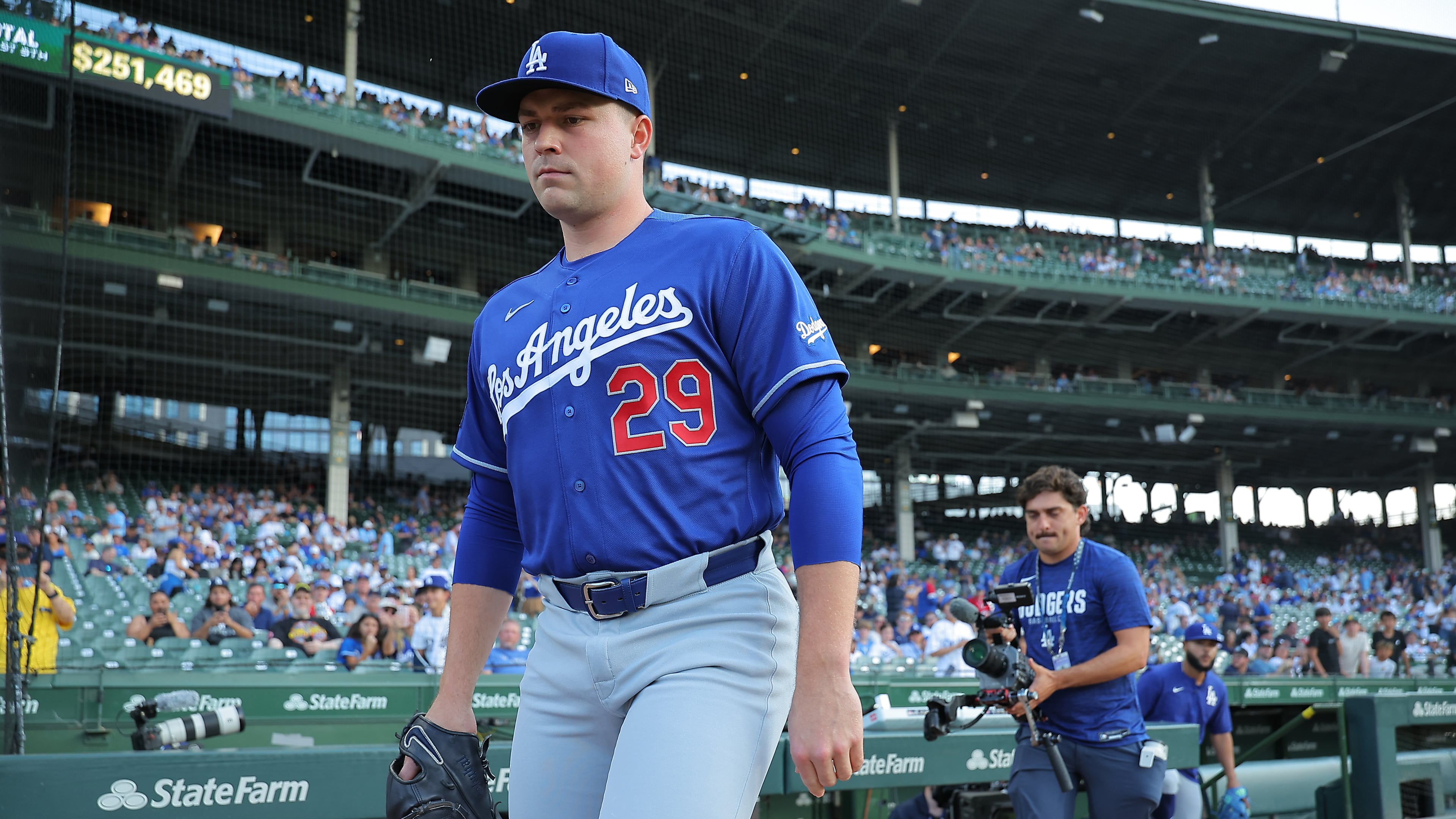 Los Angeles Dodgers starting pitcher Tarik Skubal makes his way to the bullpen prior to a baseball game against the Chicago Cubs, Tuesday, Aug. 4, 2026, in Chicago. (AP Photo/Melissa Tamez)