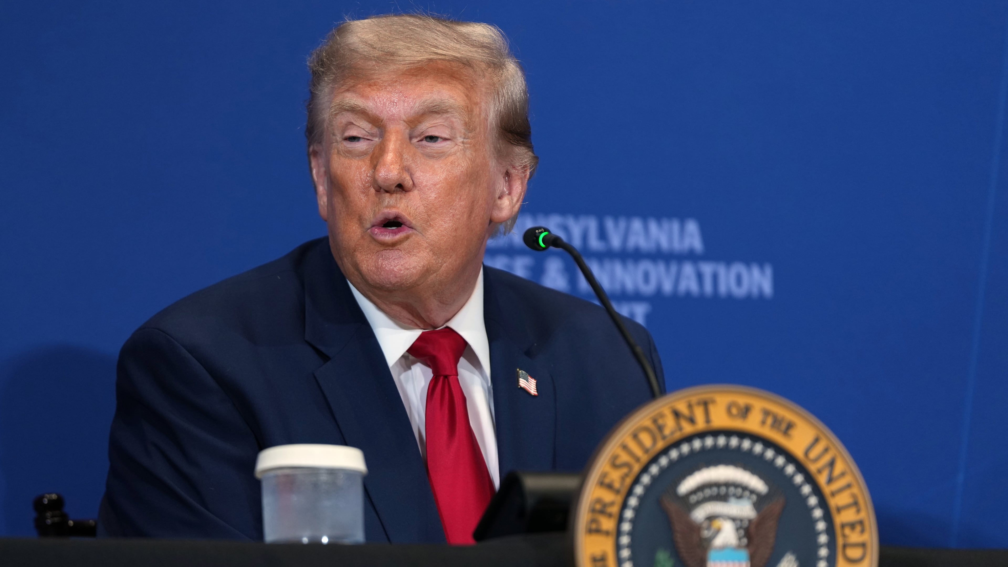 President Donald Trump speaks at the United States Army War College in Carlisle, Pa., during the Pennsylvania Defense and Innovation Summit, Wednesday, July 15, 2026. (AP Photo/Julia Demaree Nikhinson)