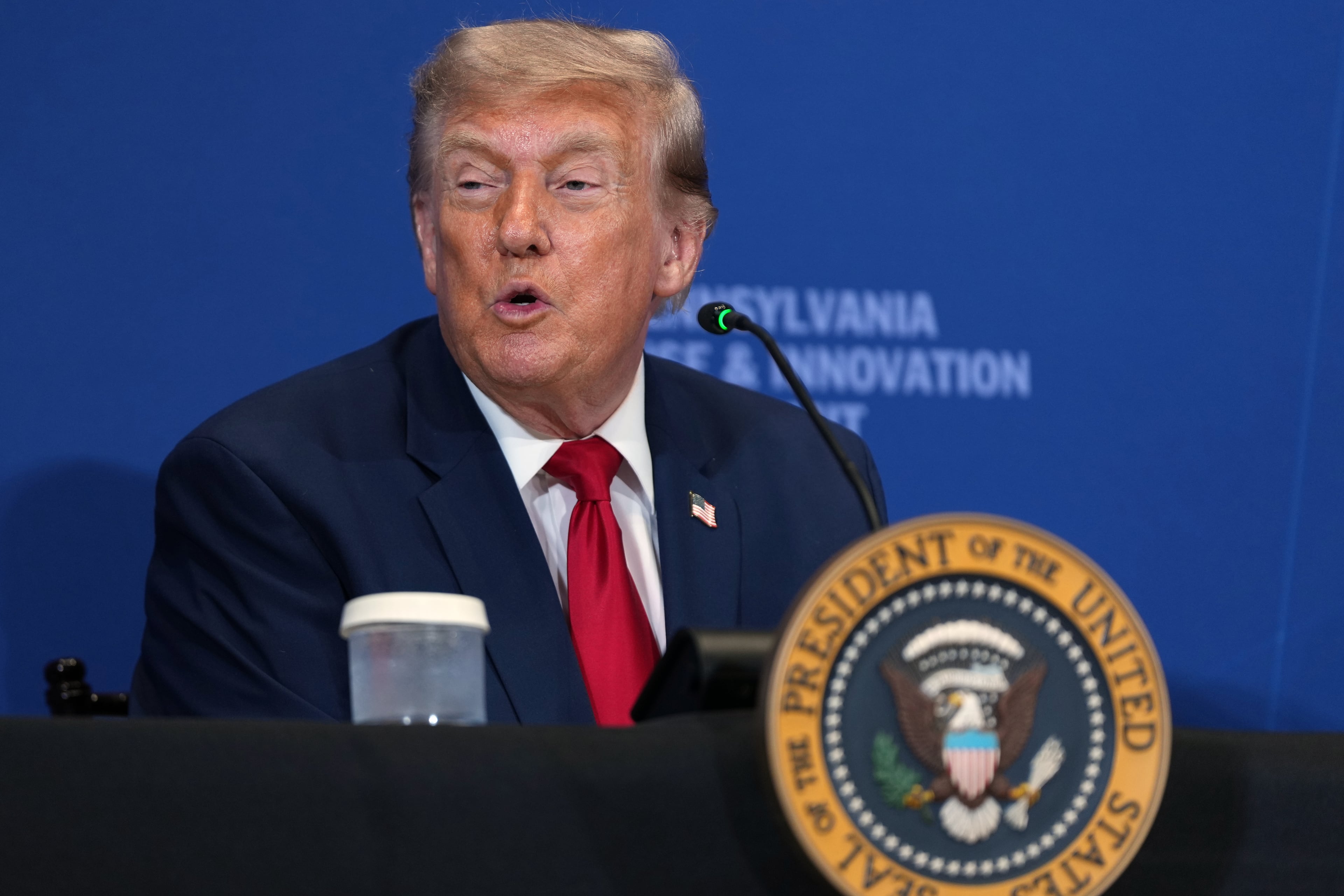 President Donald Trump speaks at the U.S. Army War College in Carlisle, Pennsylvania, during the Pennsylvania Defense and Innovation Summit on Wednesday. (Julia Demaree Nikhinson/AP)