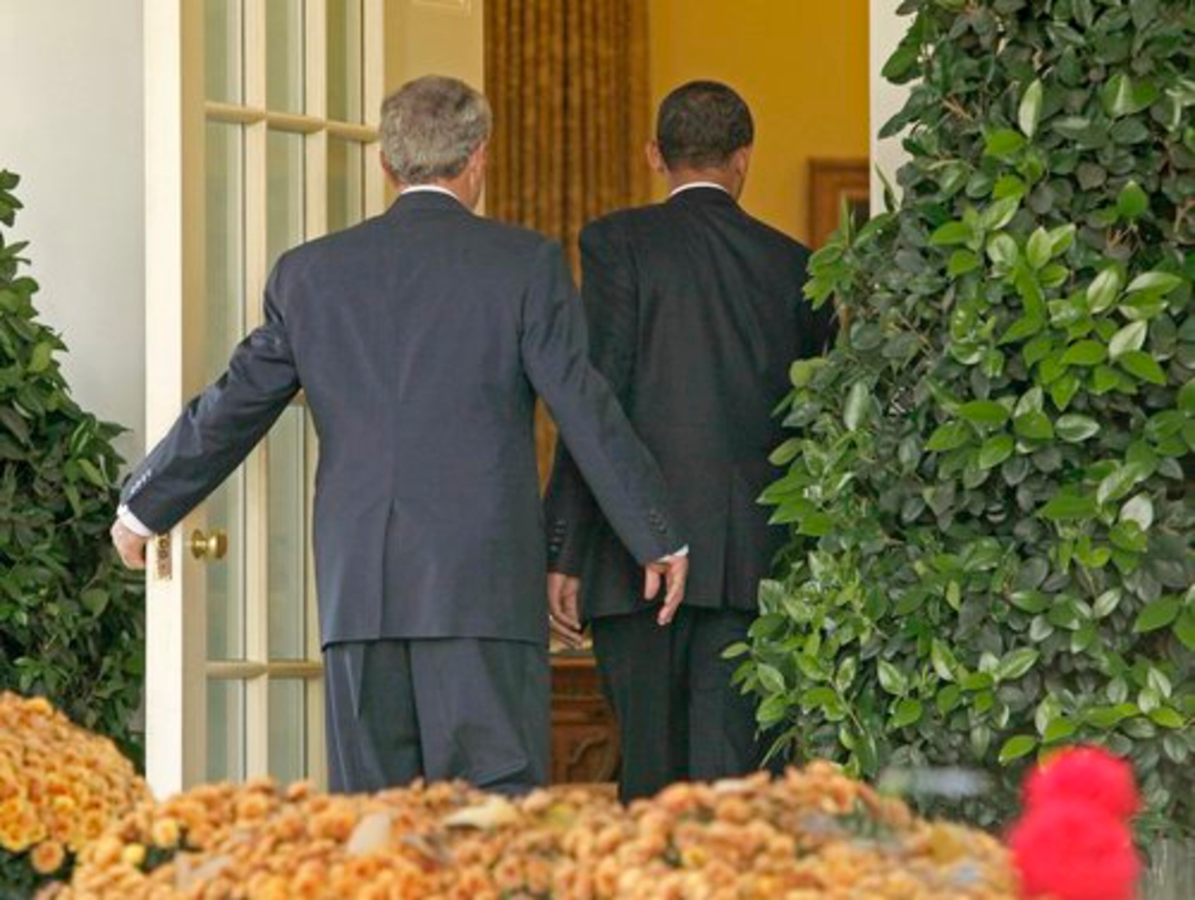 President George W. Bush and President-elect Barack Obama walk into the Oval Office of the White House in Washington, D.C.