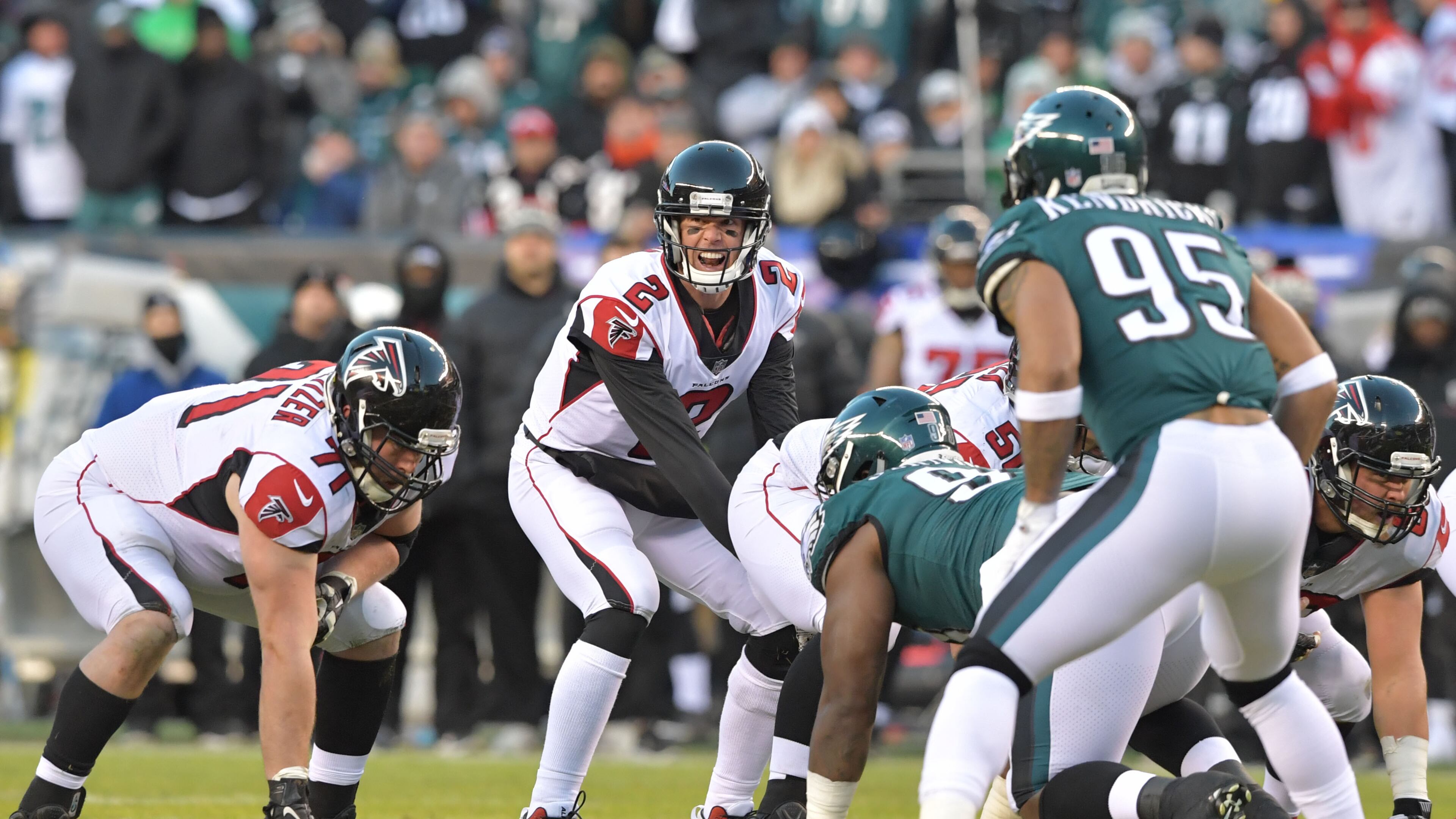 Matt Ryan shouts instructions during last season's playoff loss to Philadelphia. (HYOSUB SHIN / HSHIN@AJC.COM)