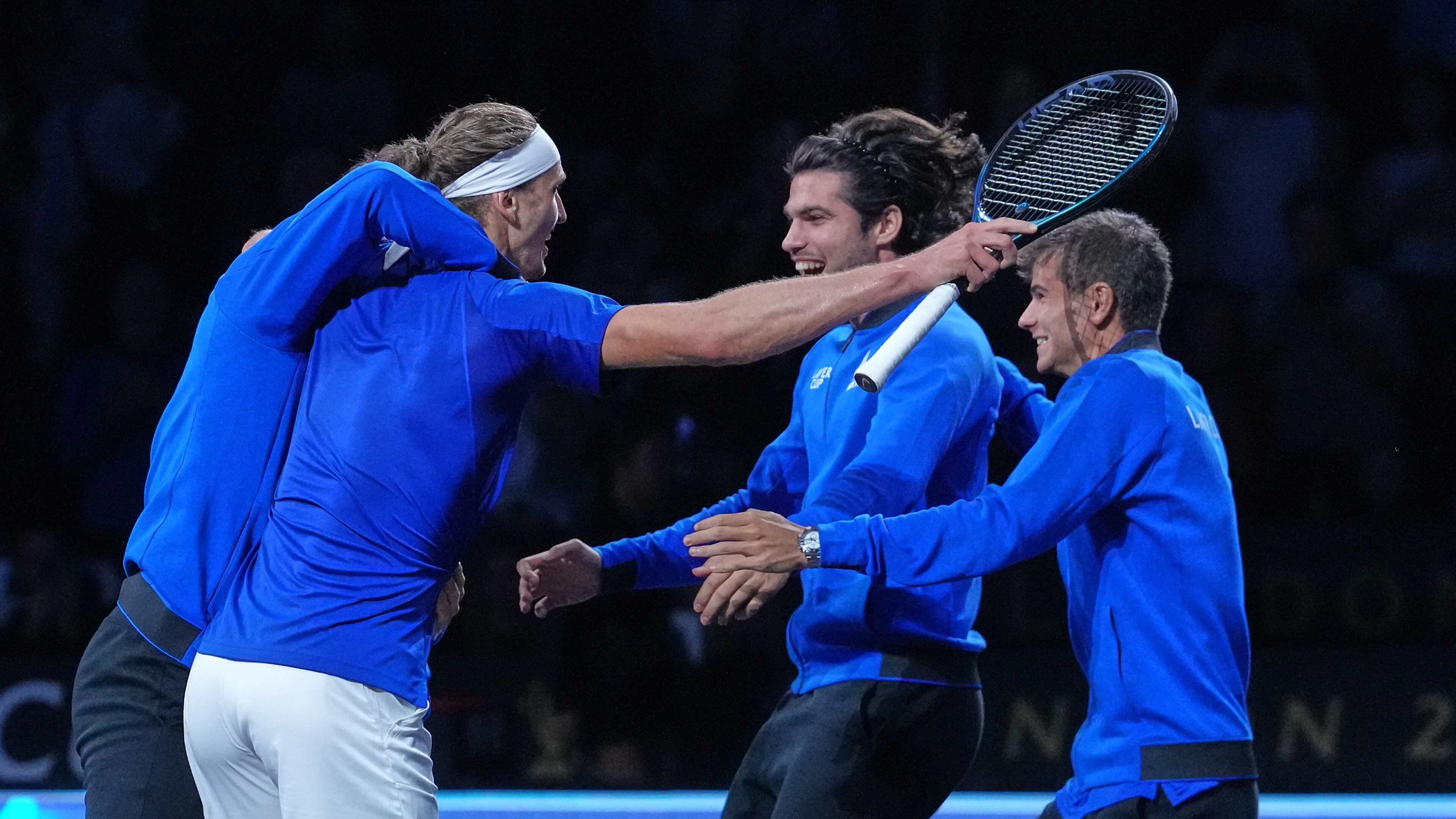 Team Europe celebrate after Alexander Zverev, in bandana, beat Team World's Learner Tien to clinch the Laver Cup tennis tournament in London, Sunday, Sept. 27, 2026. (AP Photo/Maja Smiejkowska)