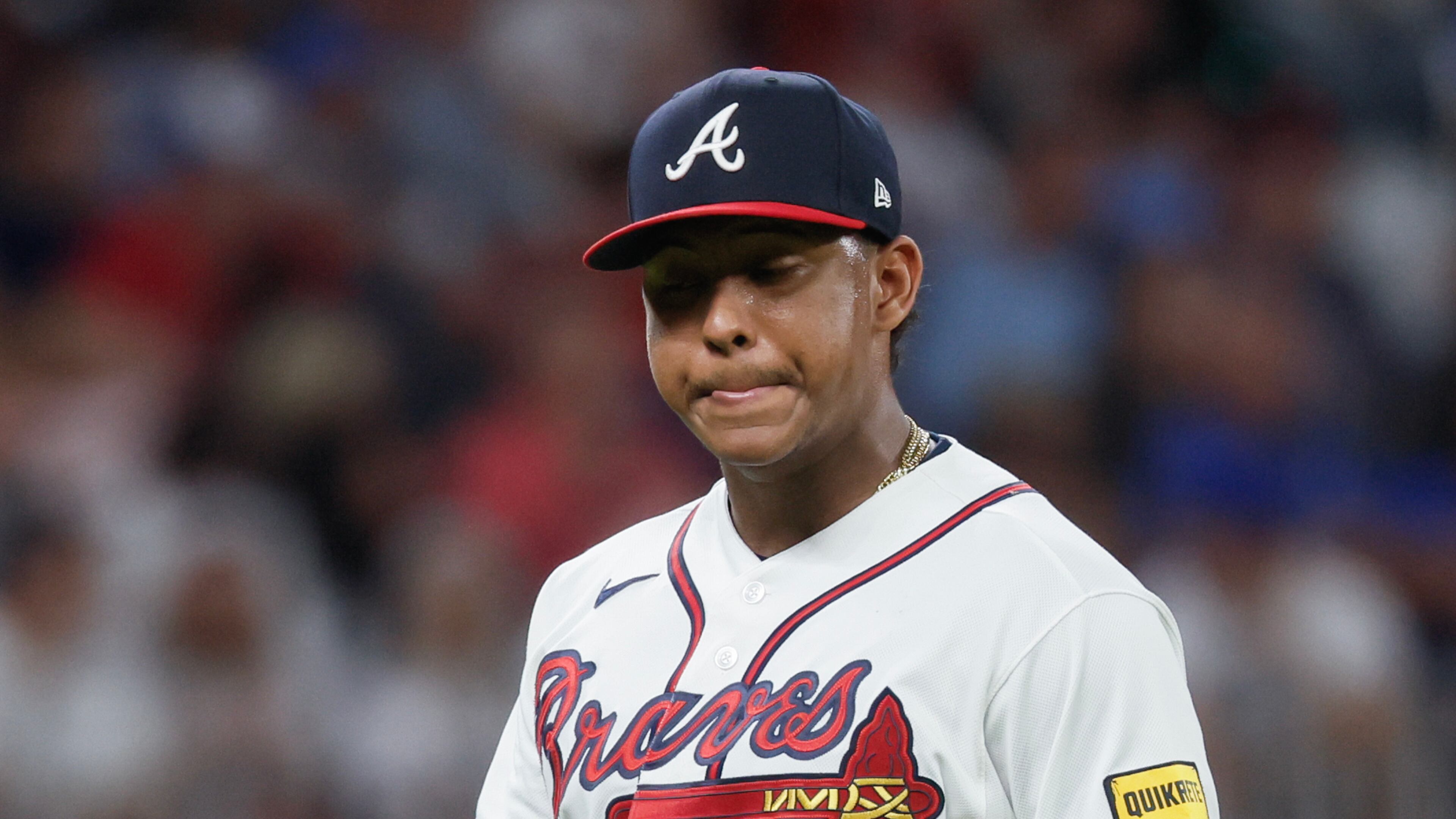 Braves pitcher Didier Fuentes leaves the game with the bases loaded during Game 4 of their National League Division Series against the Dodgers on Wednesday, Oct. 7, 2026, in Atlanta. (Miguel Martinez/AJC)