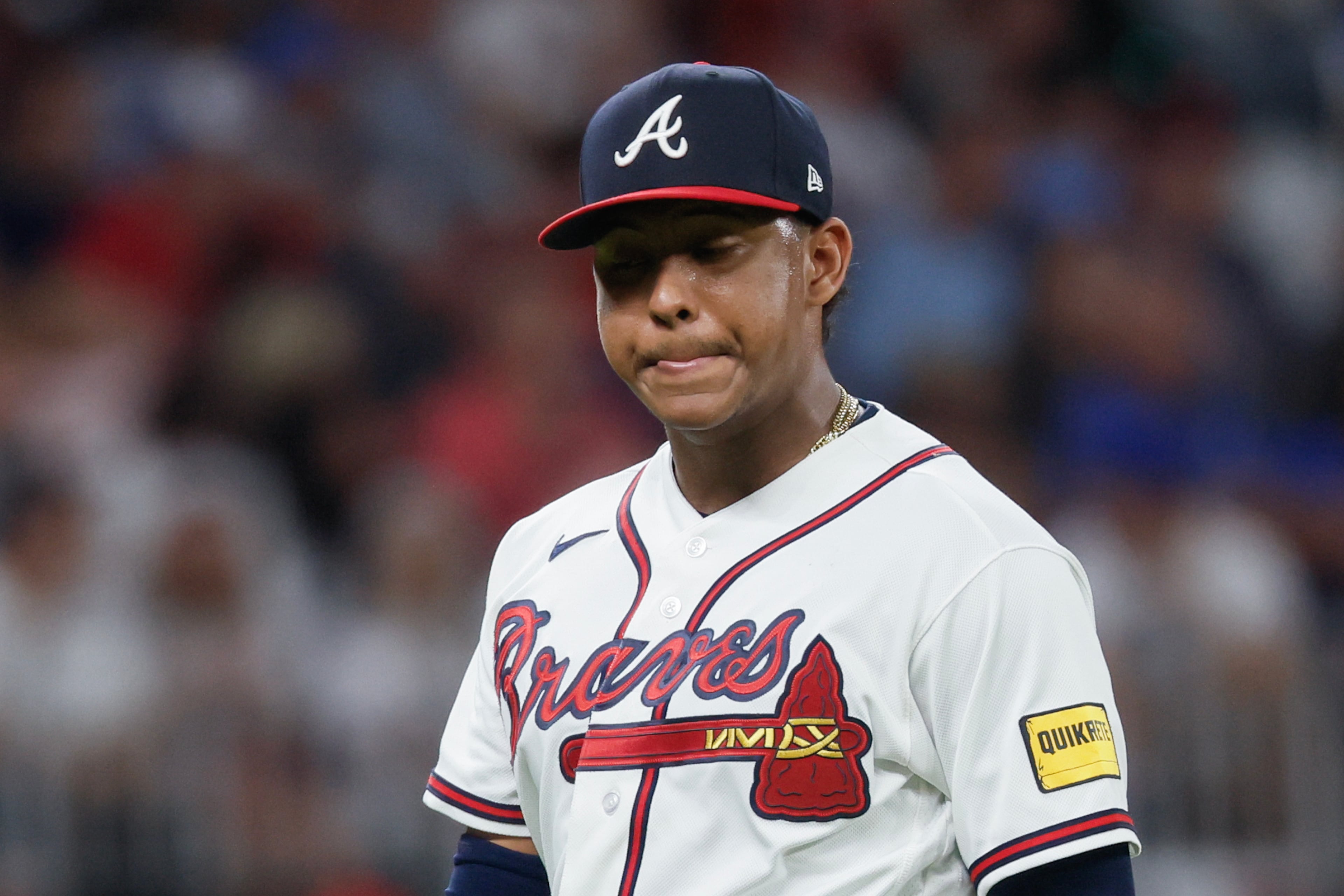 Atlanta Braves pitcher Didier Fuentes (72) reacts after leaving the game with the bases loaded against the Los Angeles Dodgers during the seventh inning of Game 4 of the MLB National League Division Series between the Atlanta Braves and the Los Angeles Dodgers, Wednesday, Oct. 7, 2026, in Atlanta. (Miguel Martinez/AJC)
