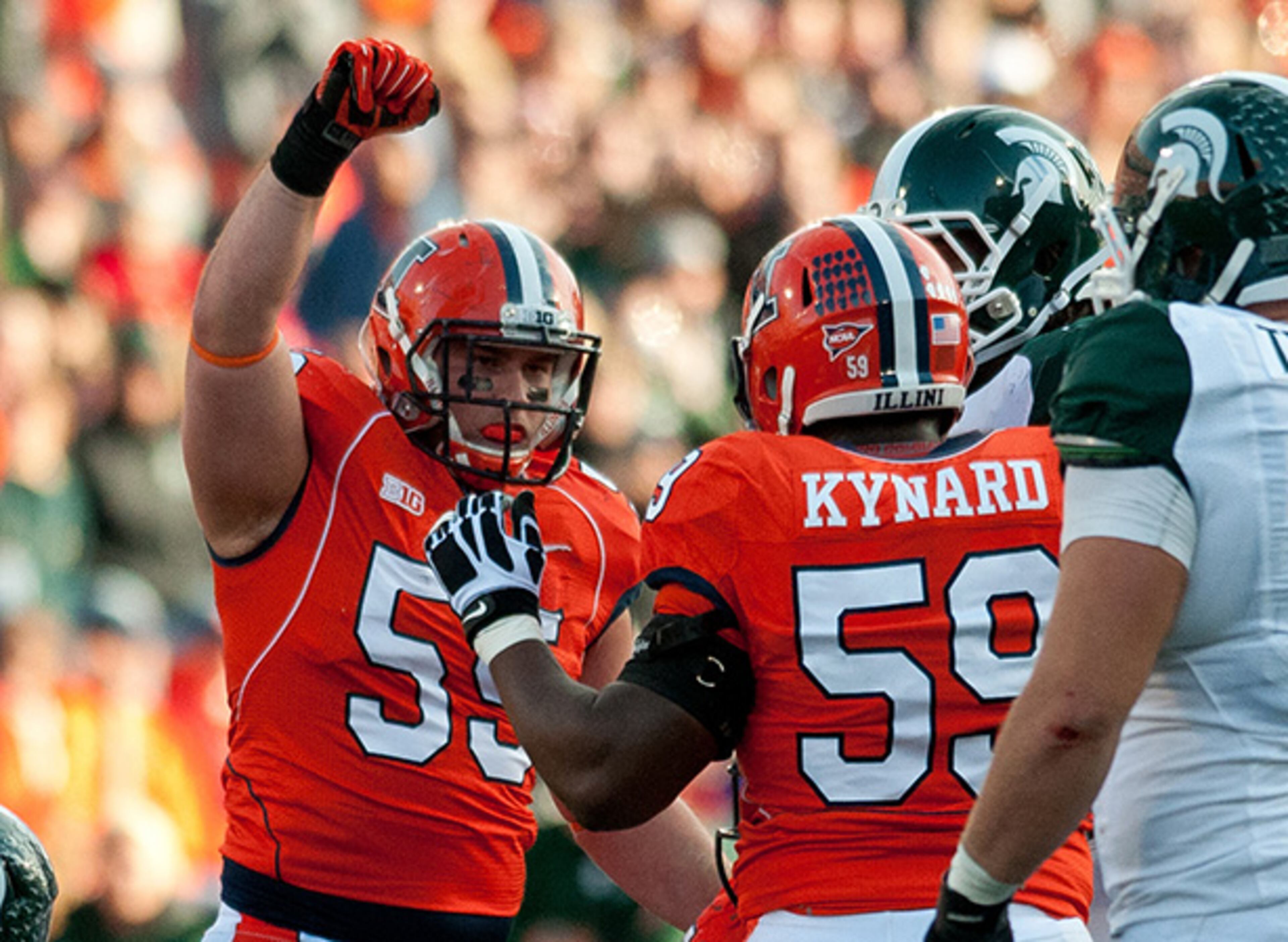 Defensive end Houston Bates (55) will leave the Illini after graduating in May and transfer to school near his native Covington, La. Bates played linebacker in 2012 before moving to defensive end last season. He was second on the team in tackles for loss with 12 and in sacks with 3.5. He had 40 total tackles.