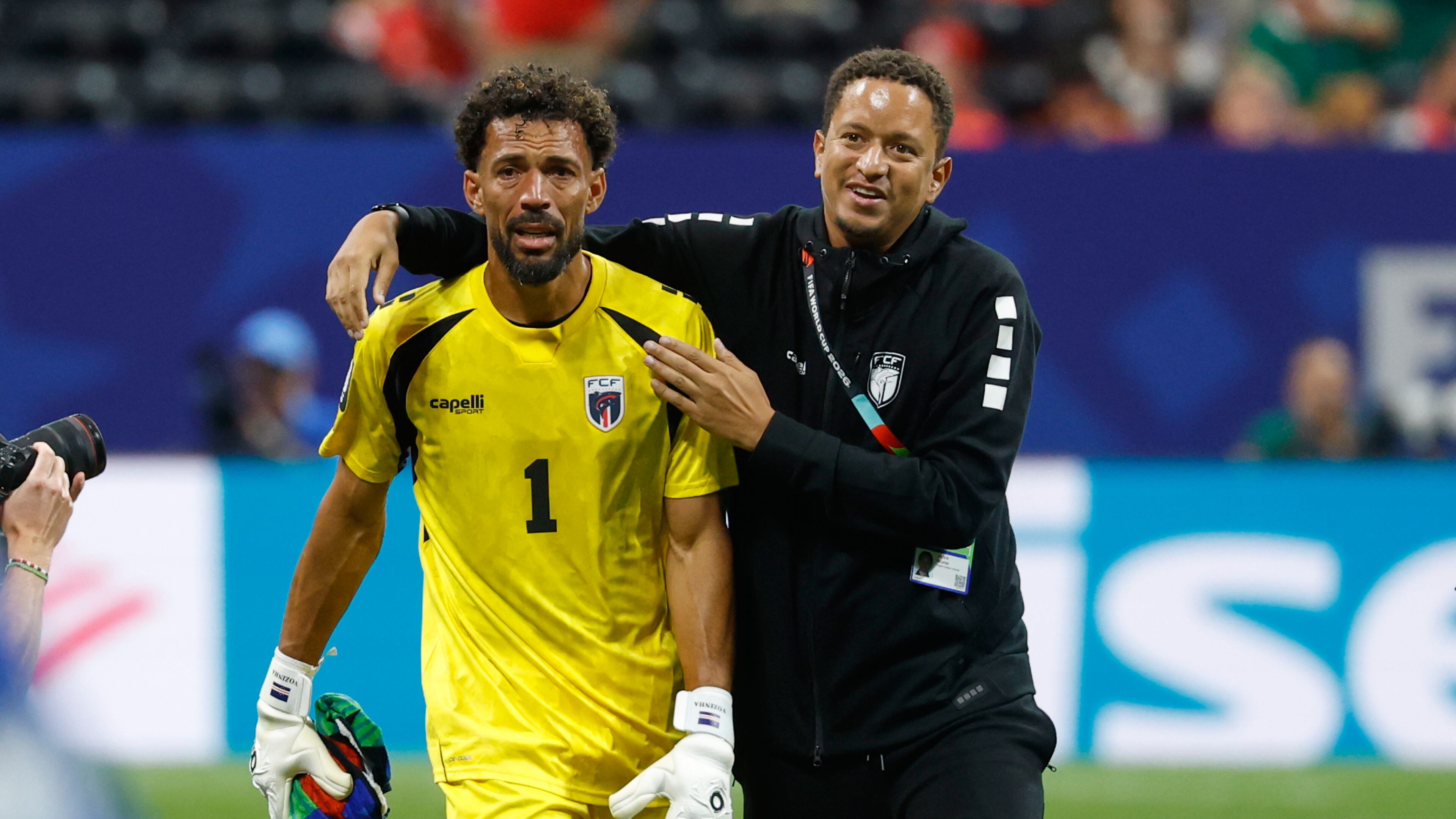 Cabo Verde goalkeeper Vozinha, left, reacts after the World Cup Group H soccer match between Spain and Cape Verde in Atlanta, Monday, June 15, 2026. (AP Photo/Erik S. Lesser)