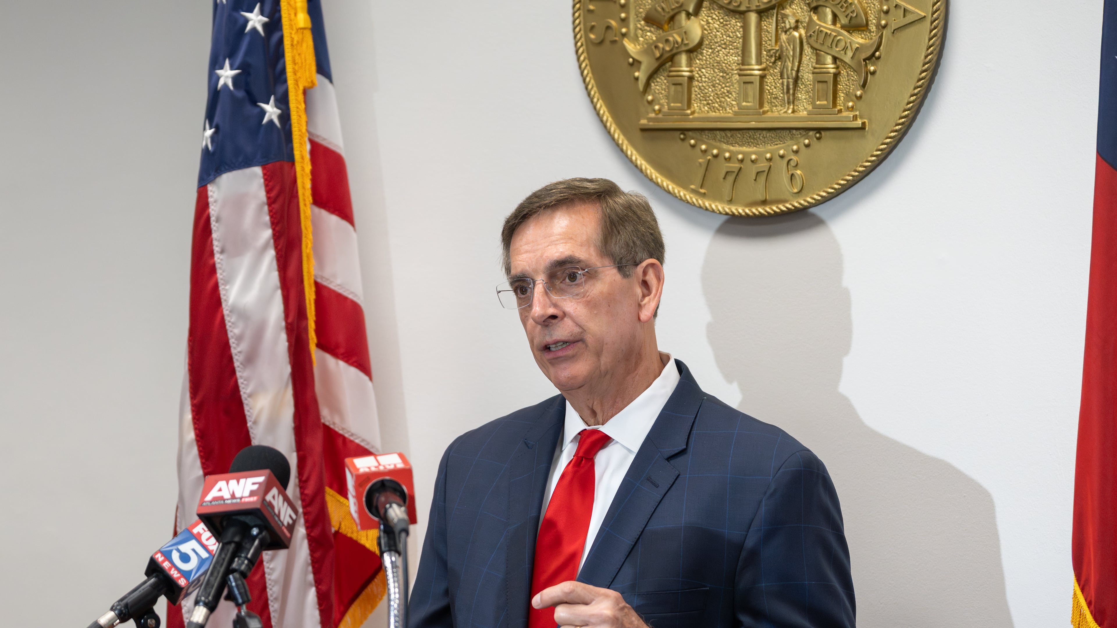 Georgia Secretary of State Brad Raffenspergerm, seen here at a news conference in May. (Ben Hendren for the AJC)
