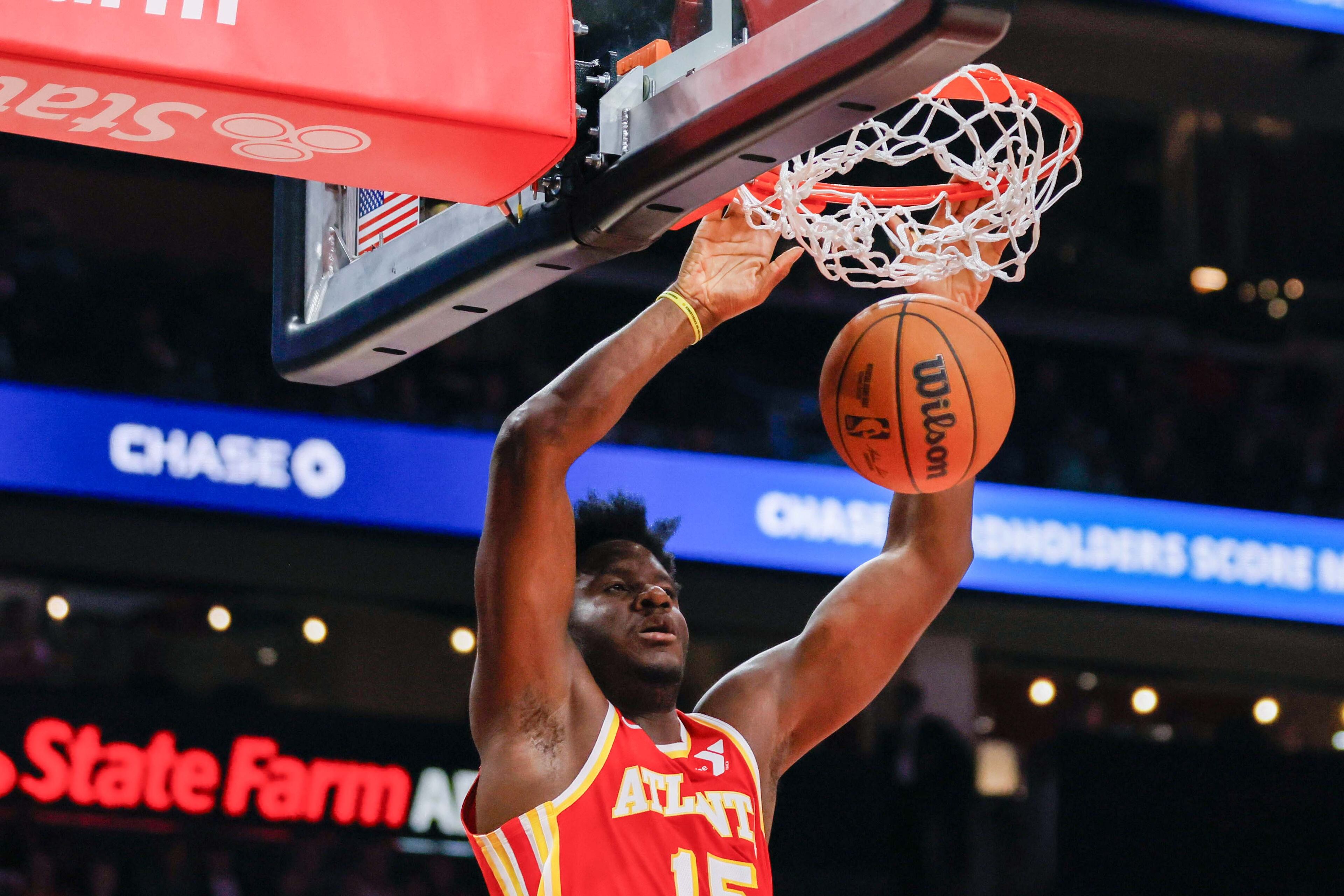 Atlanta Hawks center Clint Capela (15) dunks the ball during the first half against Washington Wizards at State Farm Arena, Monday, October 28, 2024, in Atlanta.
(Miguel Martinez/ AJC)