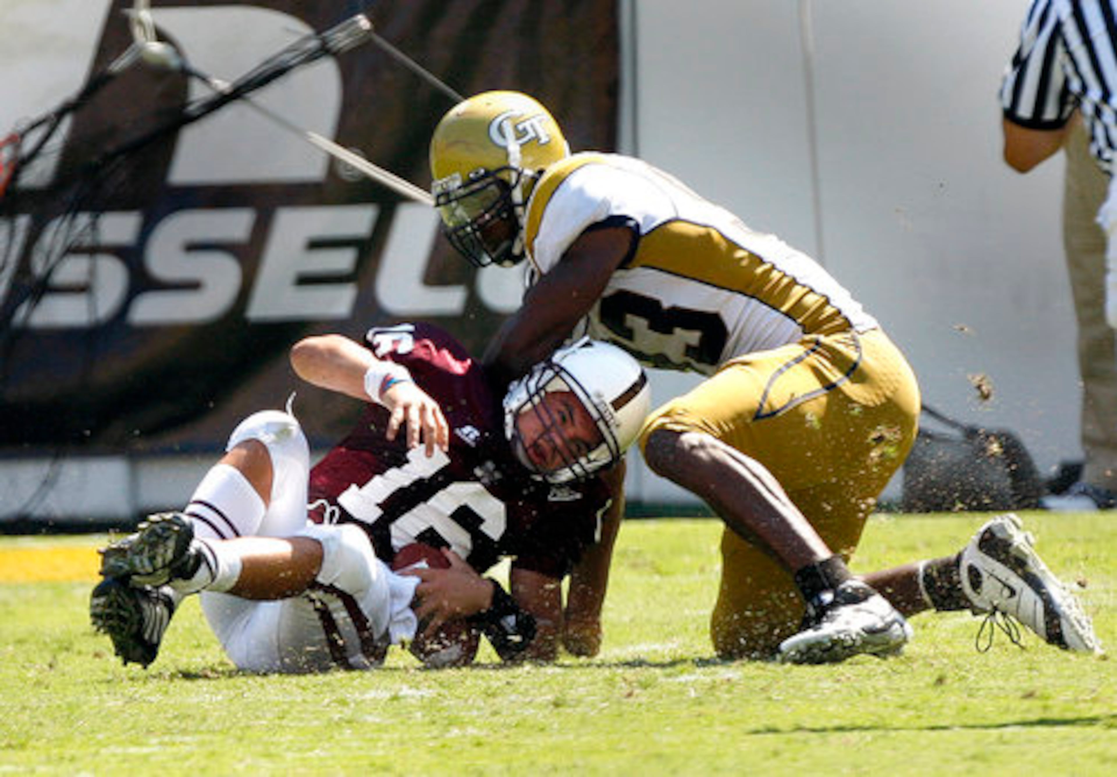 Michael Johnson sacks Mississippi State's Tyson Lee in the 4th quarter Sept. 20, 2008, at Bobby Dodd Stadium, helping Georgia Tech win 38-7.