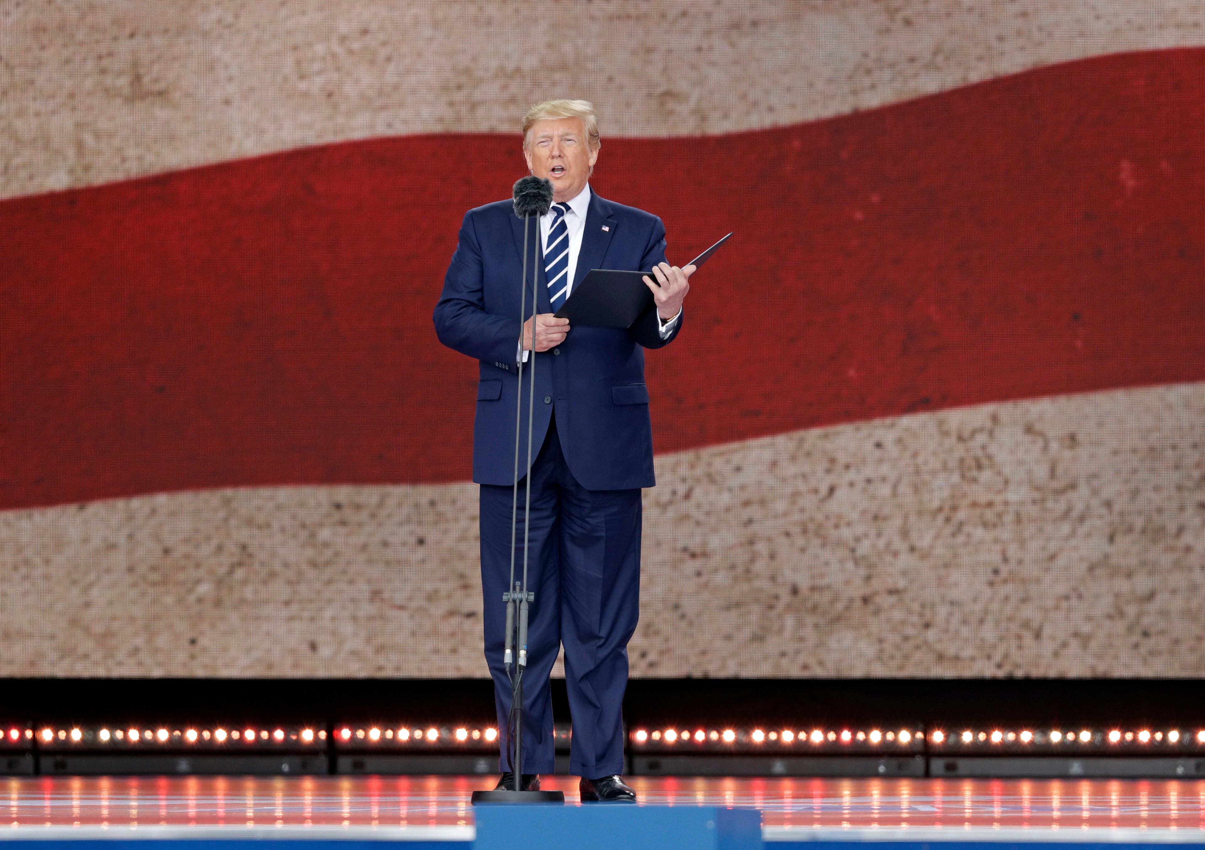 President Donald Trump speaks during an event to mark the 75th anniversary of D-Day in Portsmouth, England Wednesday, June 5, 2019. World leaders including U.S. President Donald Trump are gathering Wednesday on the south coast of England to mark the 75th anniversary of the D-Day landings. (AP Photo/Matt Dunham)