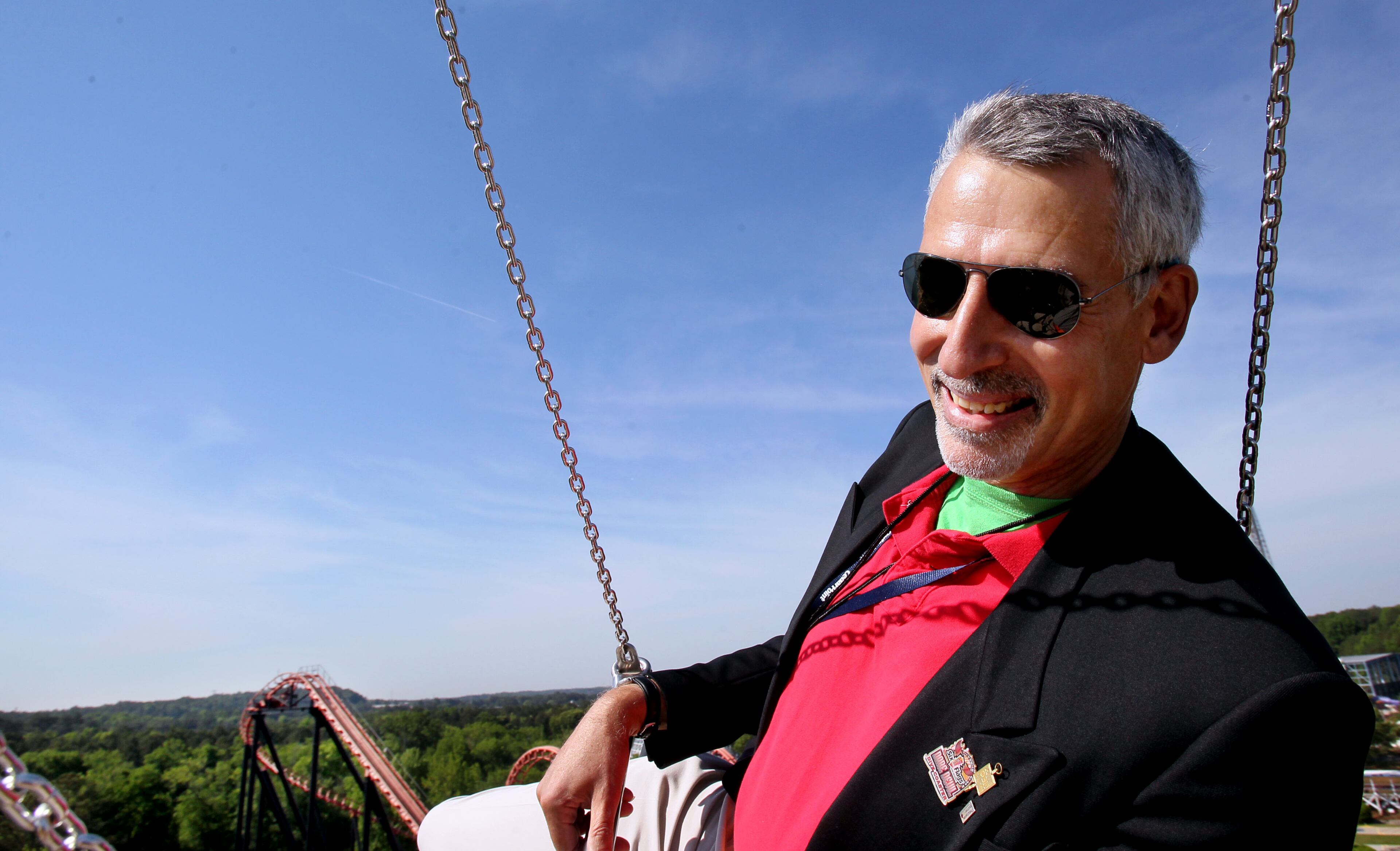 AJC's Tom Kelley rides the new 24 story tall SkyScreamer extreme swing ride at Six Flags Over Georgia in Austell during a preview event on Thursday May 9th, 2013. PHIL SKINNER / PSKINNER@AJC.COM