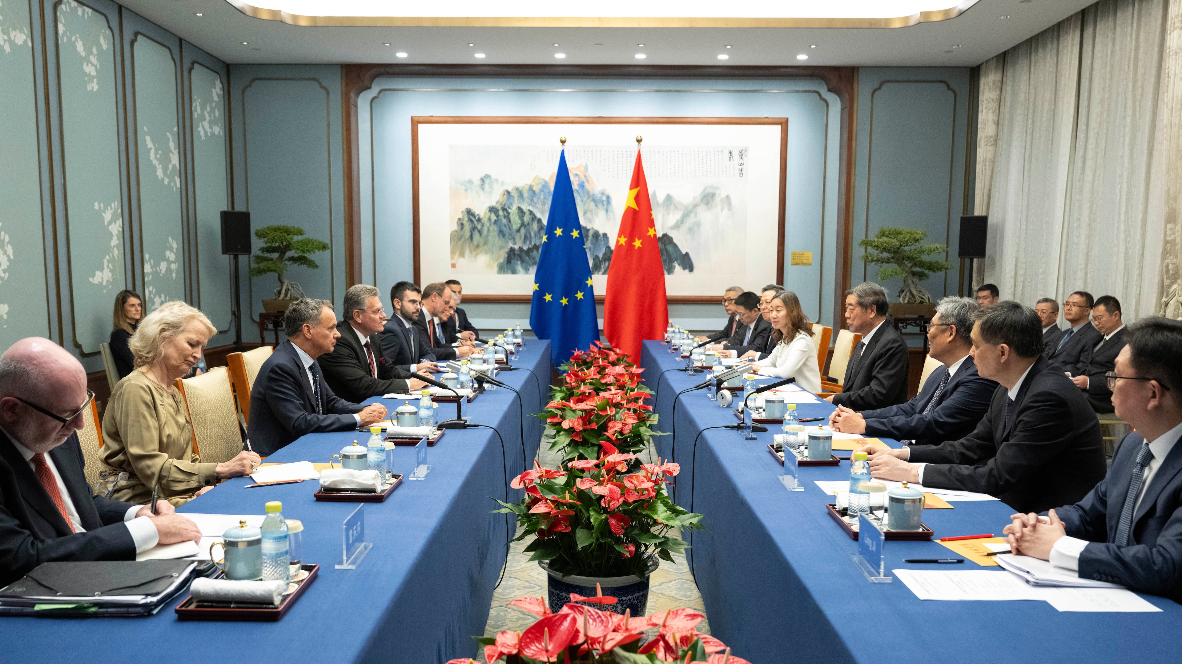 In this photo released by the Xinhua News Agency, Chinese Vice Premier He Lifeng, fourth right, meets with European Commissioner for Trade and Economic Security Maros Sefcovic, fourth left, in Beijing, Friday, Oct. 9, 2026. (Tian Yu/Xinhua via AP)