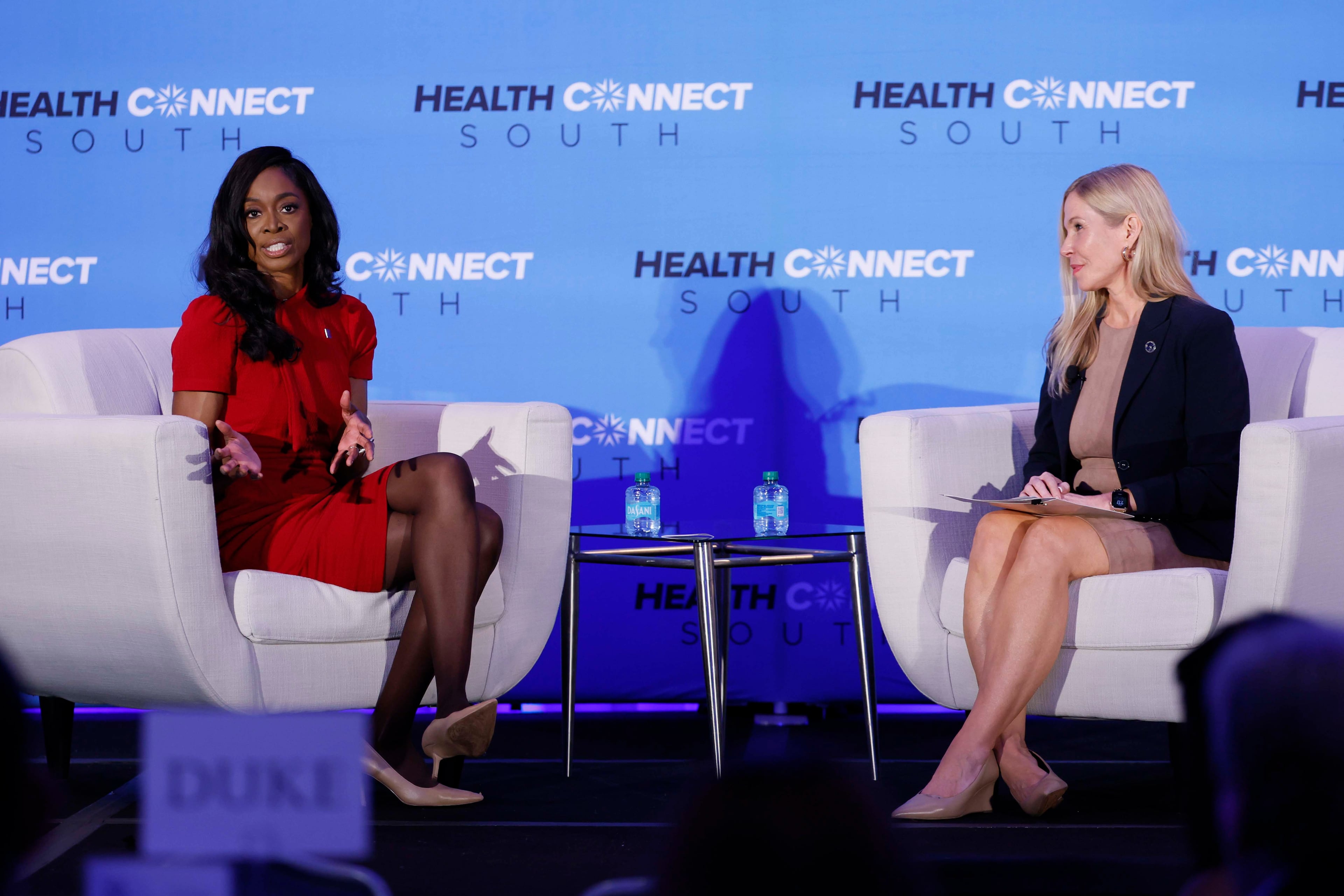 CDC Director Erica Schwartz interacts with attendees while responding to a question from Regional Director Samantha Brown-Parks of the U.S. Department of Health and Human Services at the Health Connect South conference at the Georgia Aquarium on Wednesday, Sept. 16, 2026. (Miguel Martinez/AJC)