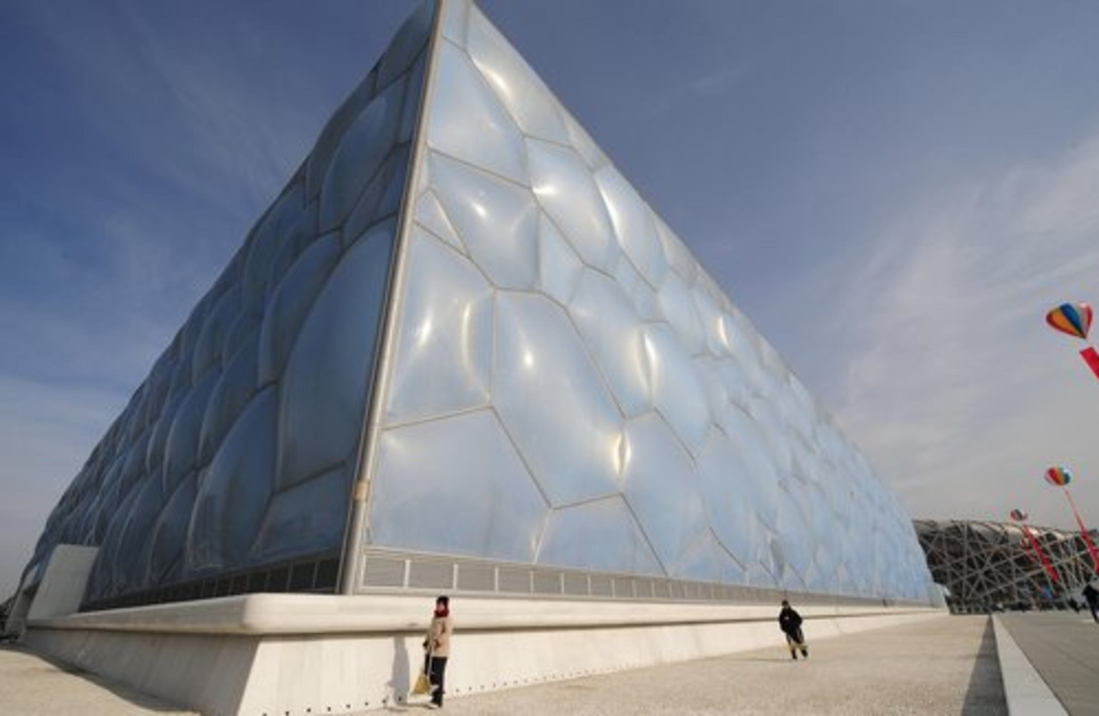 The National Aquatics Centre is a stunning example of Beijing's modern architecture. The blue bubble-wrapped structure better known as the "Water Cube" will host the swimming events at the August Games. Covered by an outer membrane of tough, Teflon-like plastic that resembles bubbling water, the aquatics venue took four years to build.