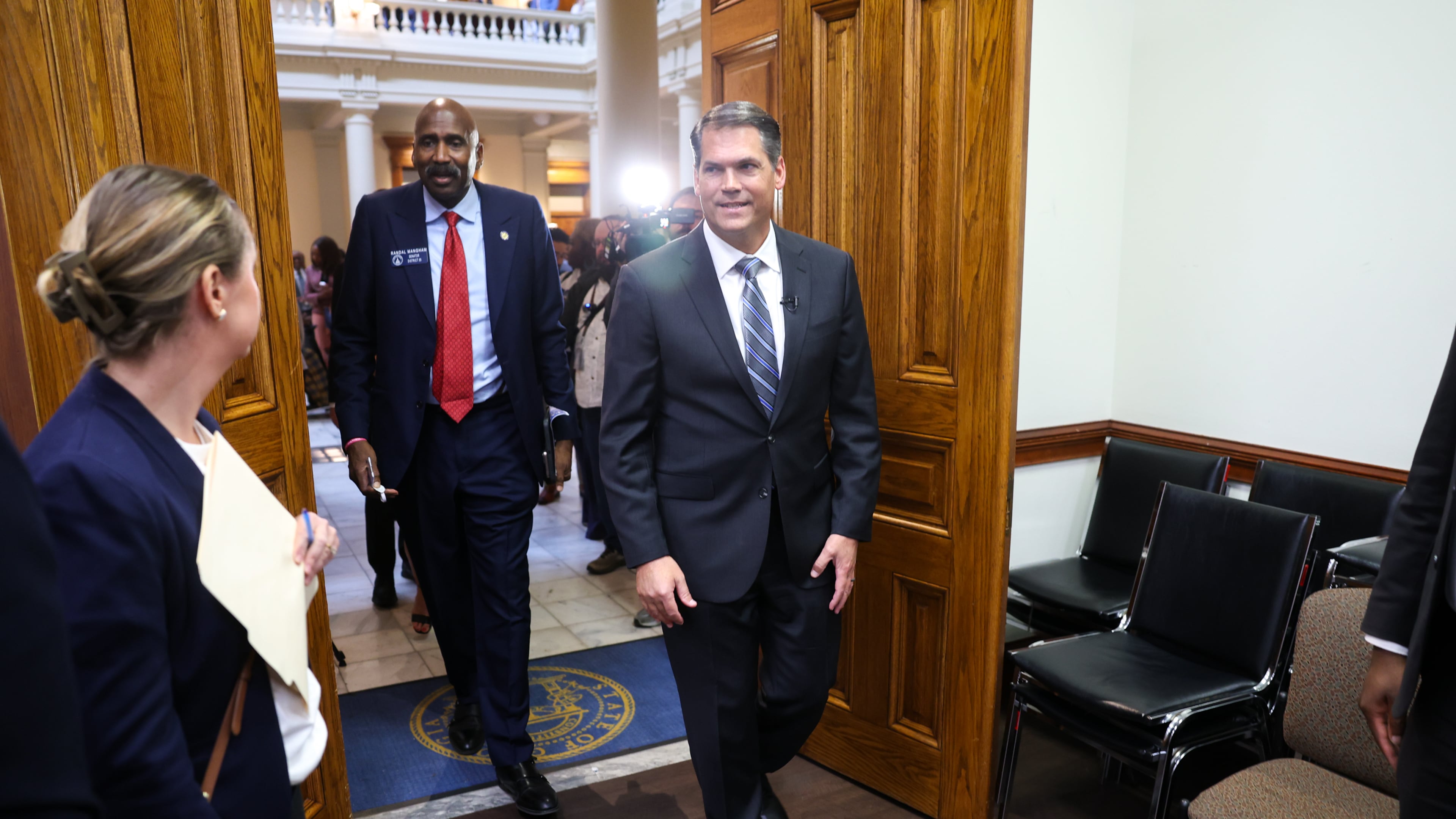 Democratic candidate for governor Geoff Duncan walks in to file paperwork to run for election at the Capitol in Atlanta on Tuesday, March 3, 2026. (Arvin Temkar/AJC)