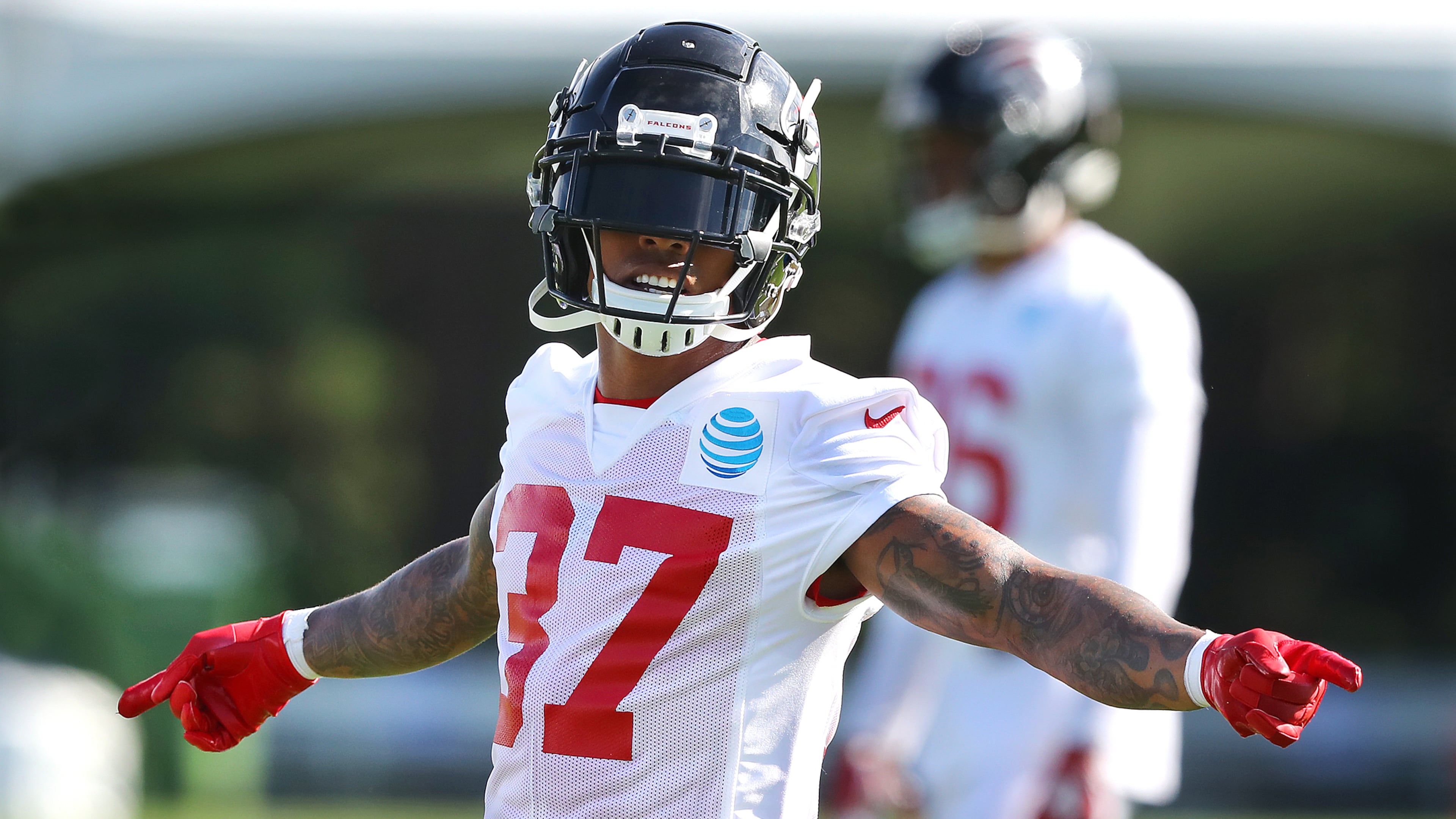 Falcons safety Ricardo Allen, returning from an Achilles injury last season, calls a defensive play during the first practice of training camp Monday, July 22, 2019, in Flowery Branch.