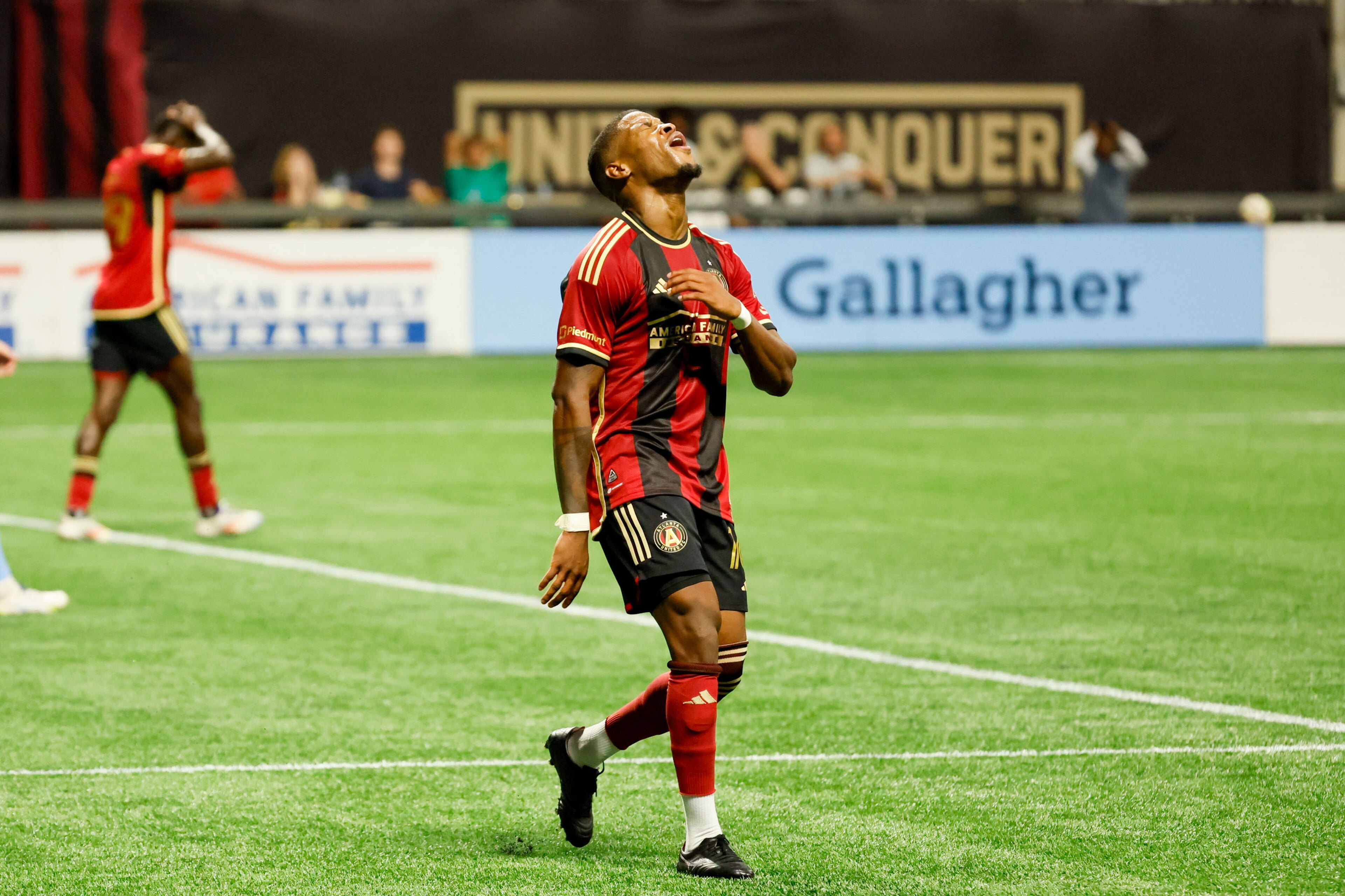 Atlanta United forward Xande Silva (16) regrets missing a crucial opportunity during stoppage time against New York City at Mercedes-Benz Stadium on Wednesday, July 17, 2024.
(Miguel Martinez/ AJC)
