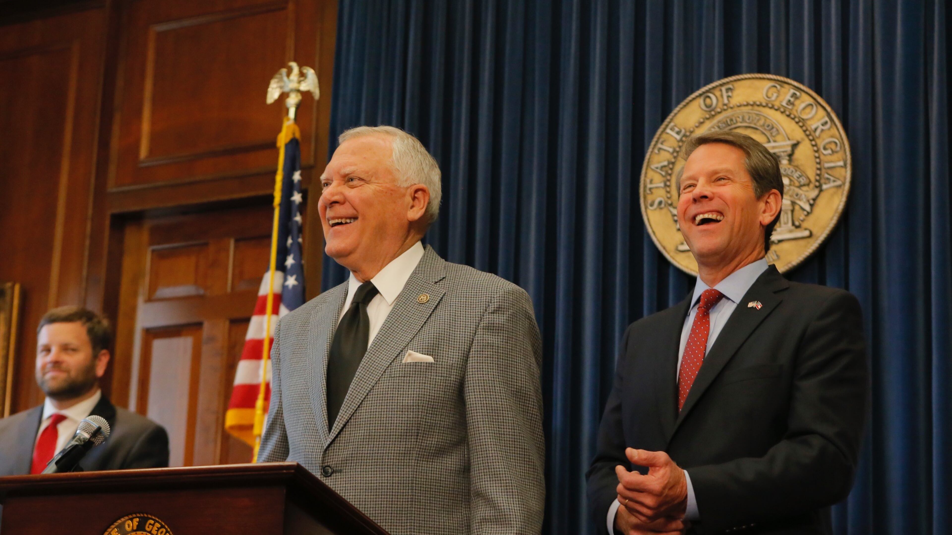 Then-Gov. Nathan Deal and Brian Kemp, then secretary of state, at a news conference on Nov. 8, 2018. Kemp, now governor, is running for reelection against Democrat Stacey Abrams. (Bob Andres/AJC)
