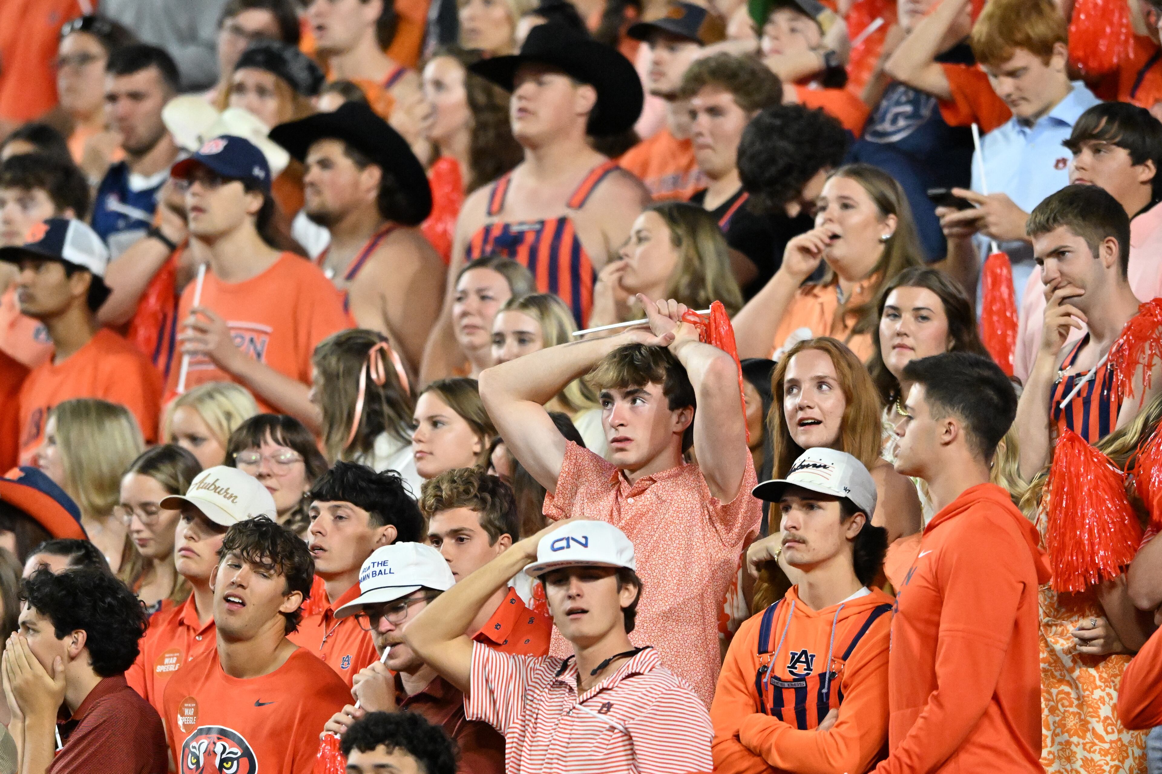 Auburn fans react during the second half in a NCAA college football game at Jordan-Hare Stadium, Saturday, October 11, 2025, in Auburn, Ala. Georgia won 20-10 overAuburn. (Hyosub Shin / AJC)