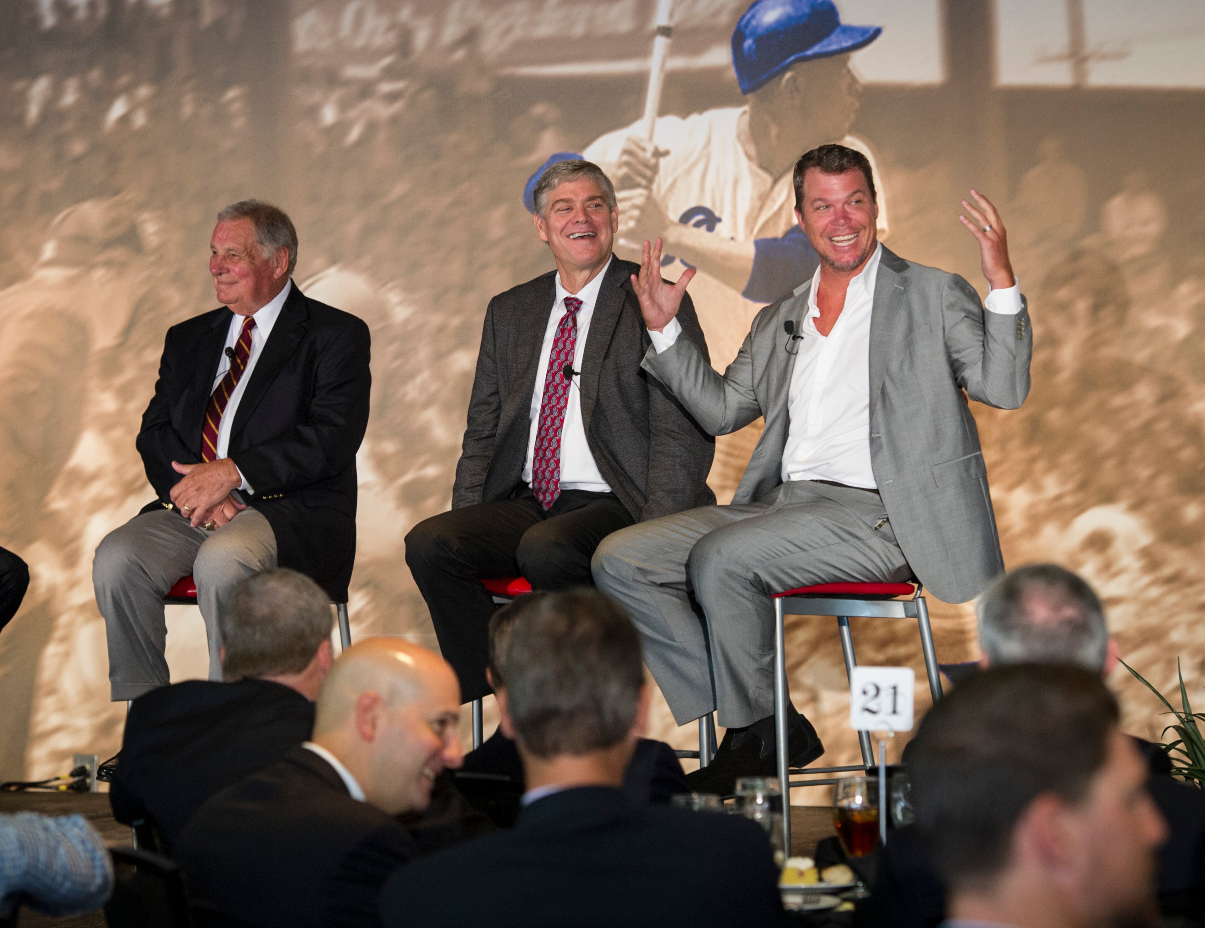 Bobby Cox (from left), Dale Murphy and Chipper Jones attend the Atlanta Braves Hall of Fame luncheon inducting broadcaster and MLB Hall of Fame player Don Sutton on Monday, July 20, 2015, at Turner Field in Atlanta. (Courtesy of John Amis)