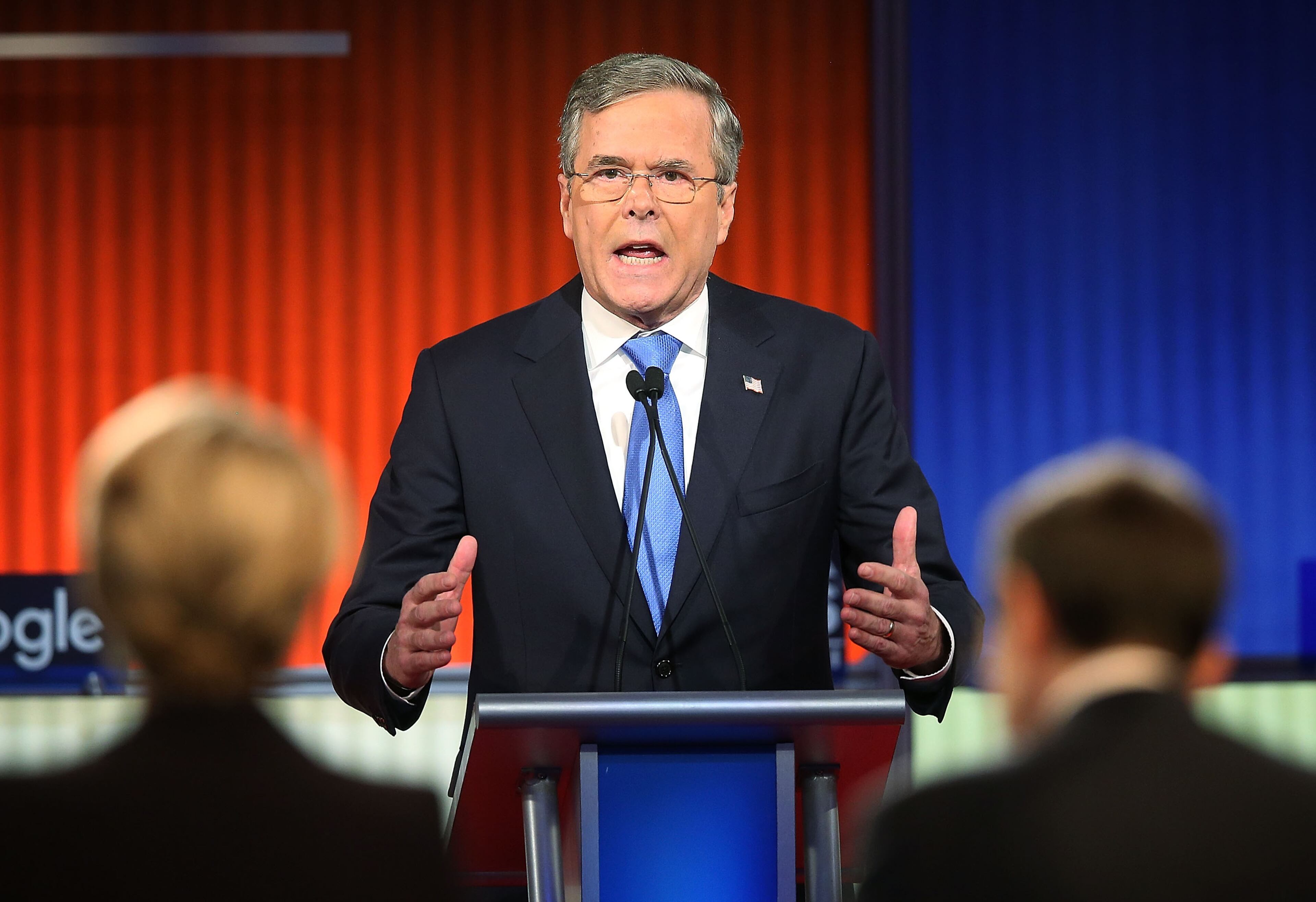 Republican presidential candidate Jeb Bush participates in the Fox News - Google GOP Debate January 28, 2016 at the Iowa Events Center in Des Moines, Iowa. Residents of Iowa will vote for the Republican nominee at the caucuses on February 1. Donald Trump, who is leading most polls in the state, decided not to participate in the debate. (Photo by Scott Olson/Getty Images)