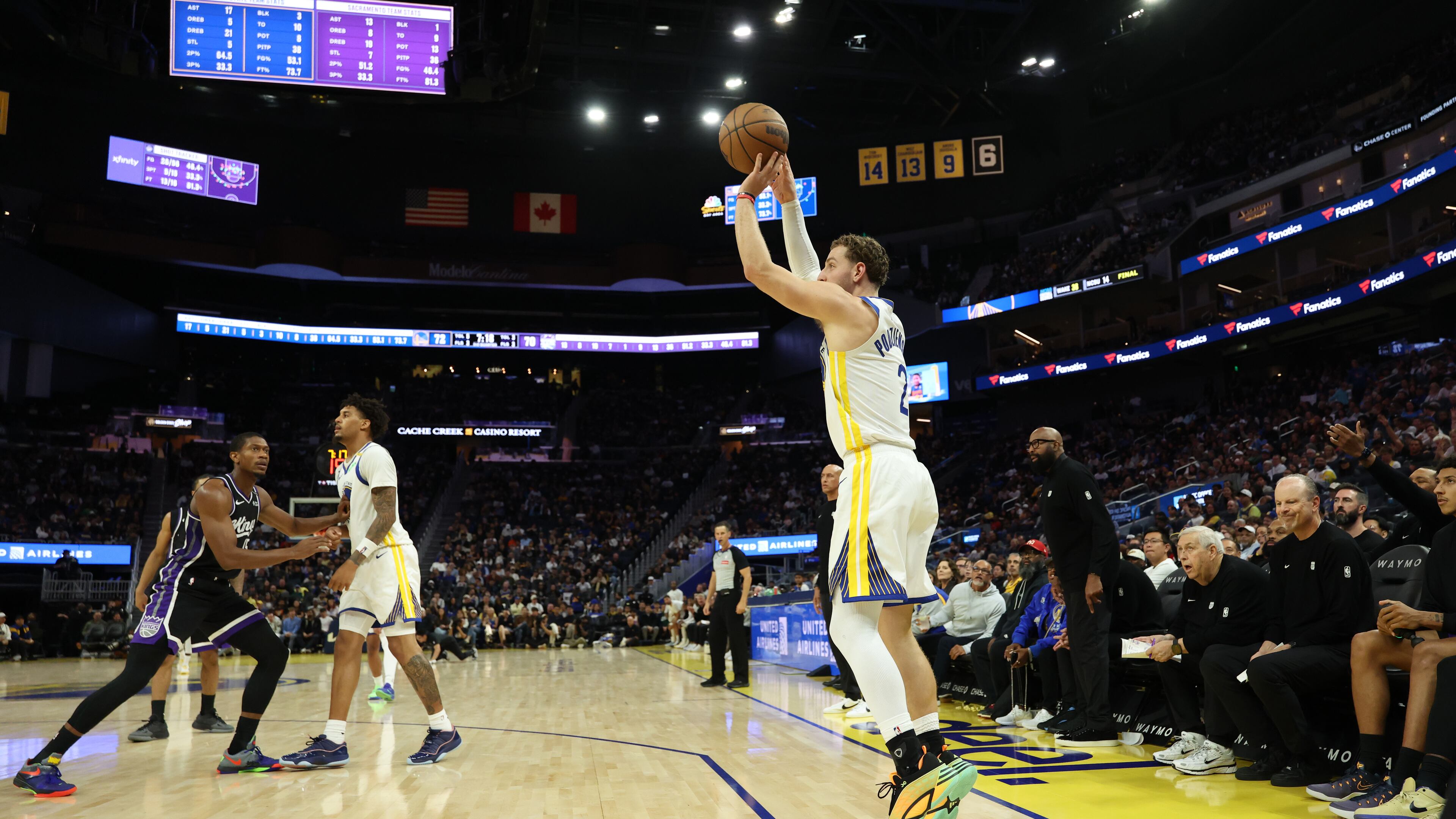 Golden State Warriors guard Brandin Podziemski (2) goes up to shoot against the Sacramento Kings during the second half of a preseason NBA basketball game in San Francisco, Saturday, Oct. 10, 2026. (AP Photo/Jed Jacobsohn)