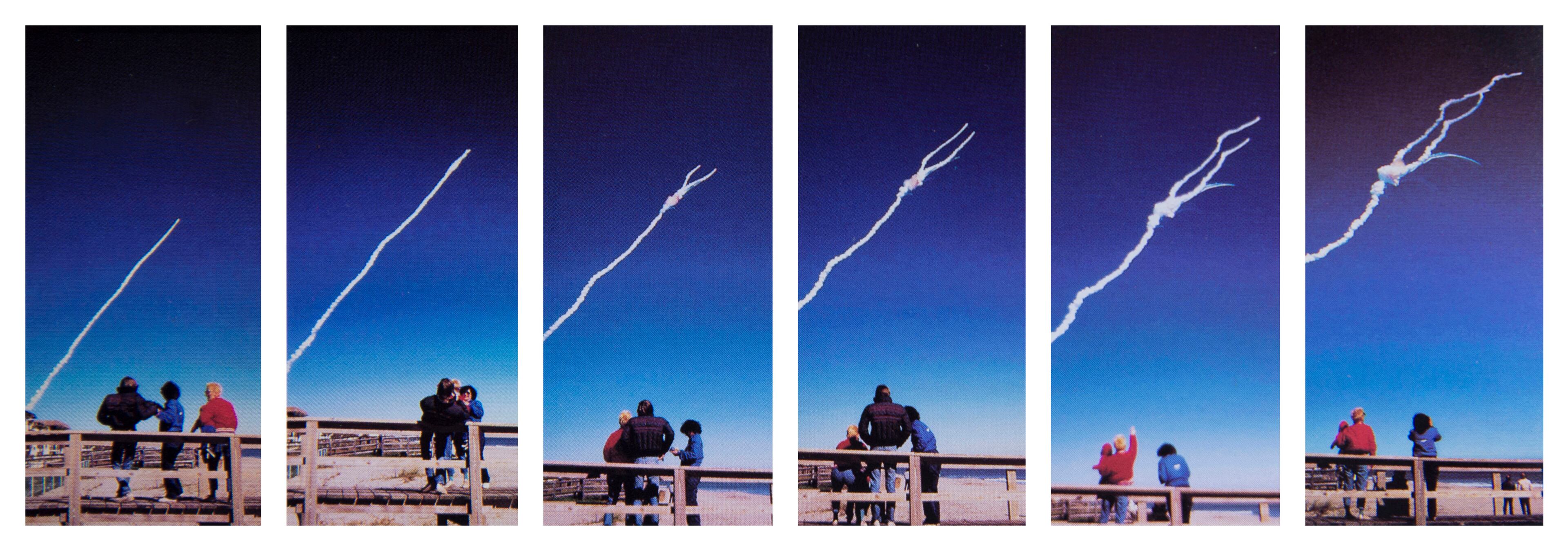 In this series of Jan. 28, 1986 photos, (shown individually in following frames) the space shuttle Challenger explodes shortly after lifting off from the Kennedy Space Center in Cape Canaveral, Fla. A family from Michigan watches the explosion from Shepard Park in Cocoa Beach. (Malcolm Denemark/Florida Today via AP)
