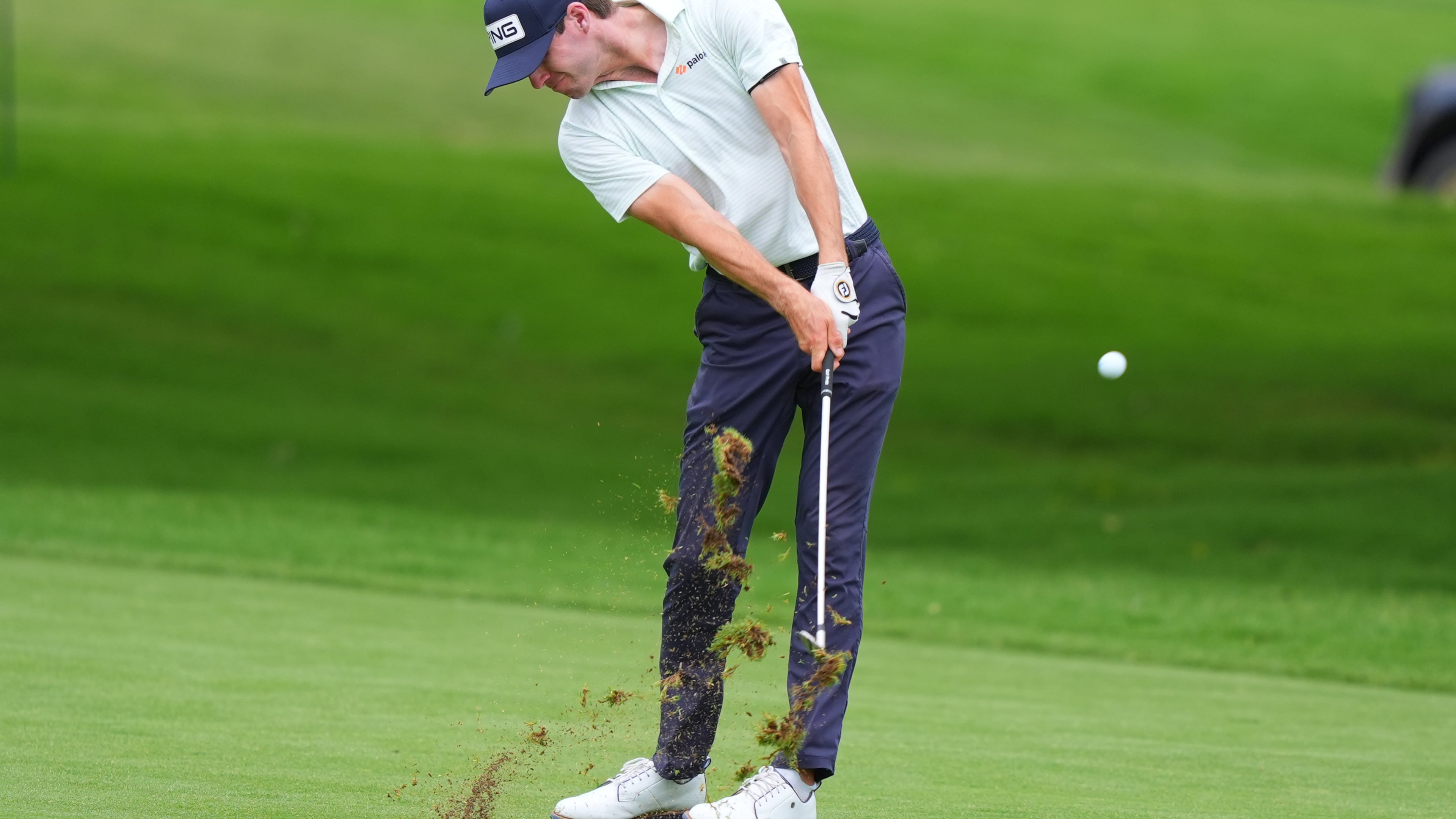 Alex Smalley hits from the ninth fairway during the first round of the Charles Schwab Challenge golf tournament at Colonial Country Club in Fort Worth, Texas, Thursday, May 28, 2026. (AP Photo/LM Otero)