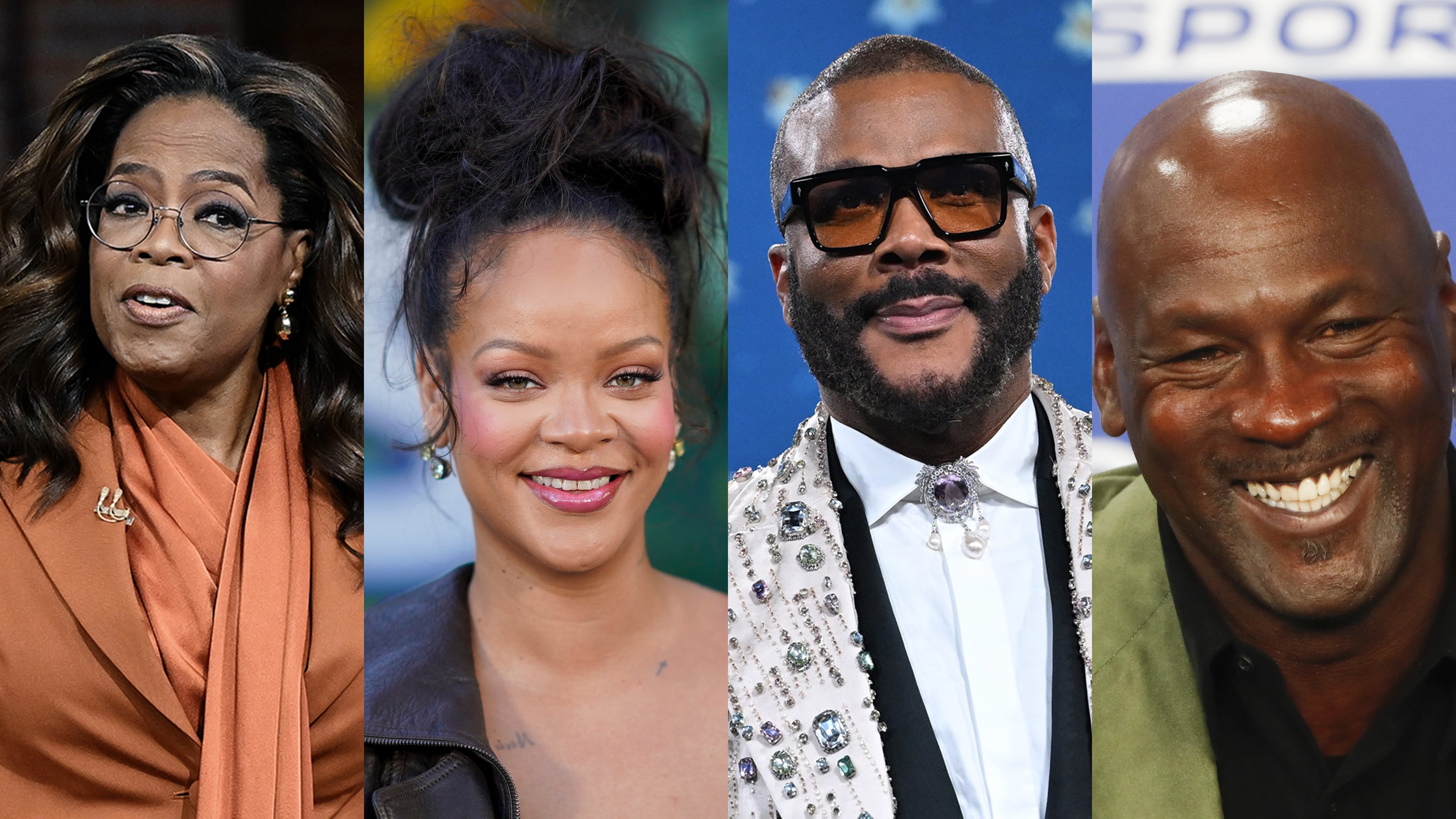 From left, Oprah Winfrey, Rihanna, Tyler Perry and Michael Jordan are four of the world’s 27 Black billionaires, according to Forbes. (Kenny Holston/The New York Times; Jordan Strauss/Invision/AP; Nina Westervelt/The New York Times; Thibault Camus/AP)