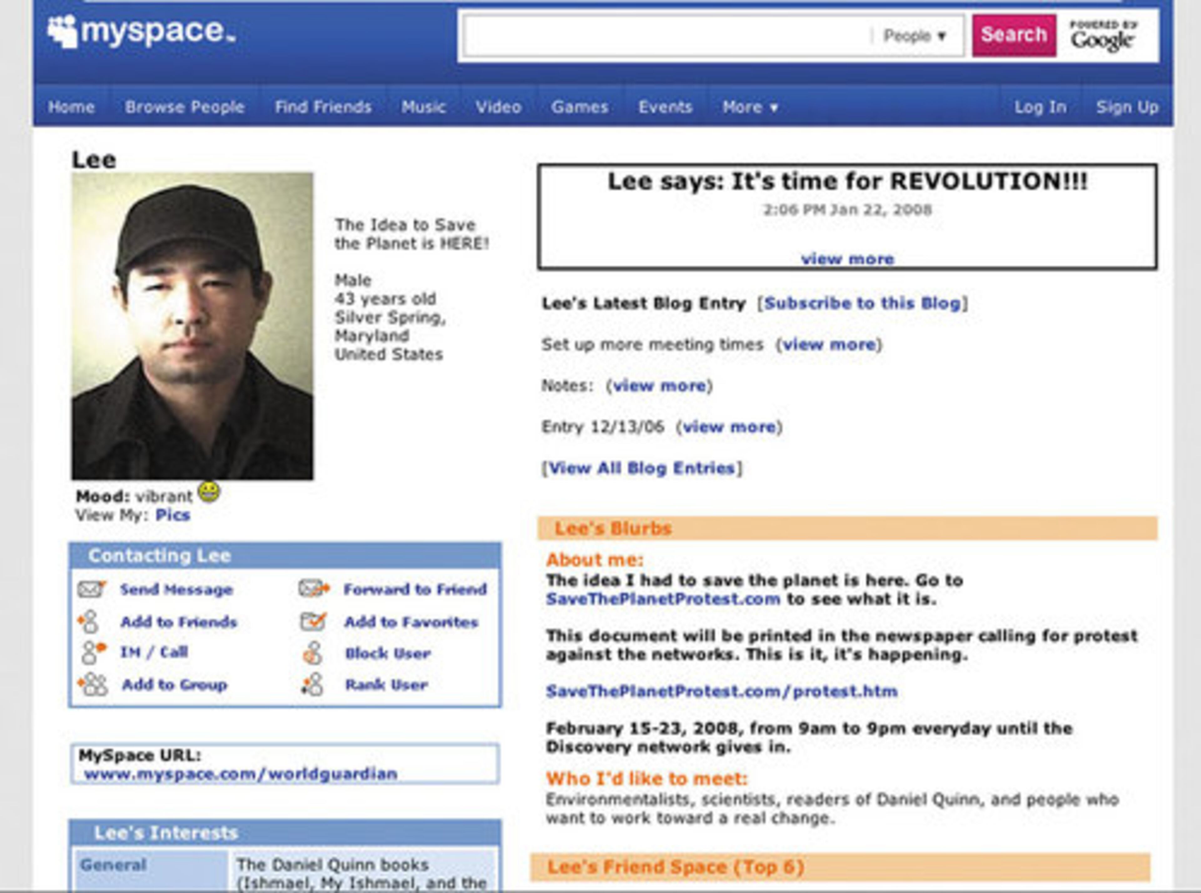 This Wednesday, Sept. 1, 2010, frame grab from MySpace.com shows the page of James J. Lee. According to a report Lee was arrested at the channel's building in 2008 after throwing thousands of dollars in the air outside the building. He was upset the channel was doing enough to save the planet.