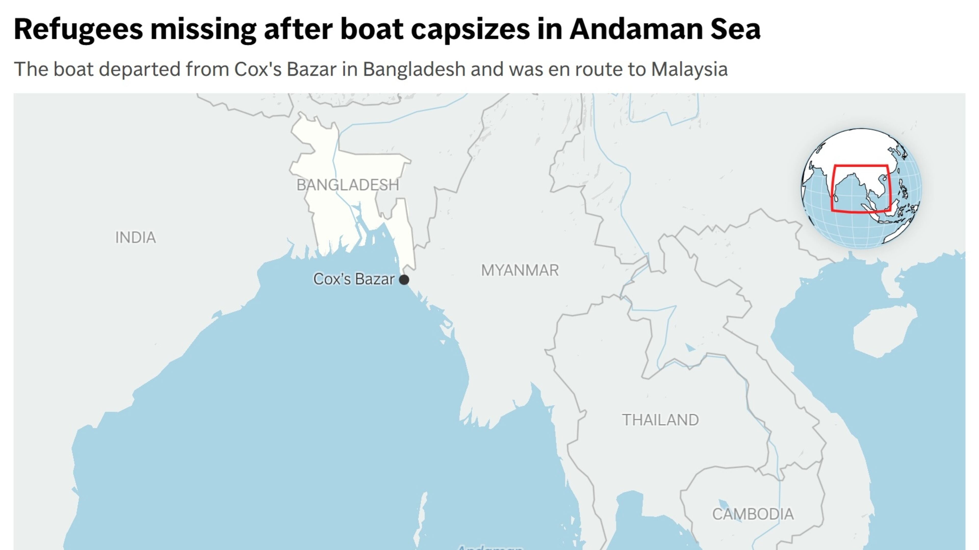 A map showing the Andaman Sea, where a boat carrying refugees recently capsized. (AP Digital Embed)
