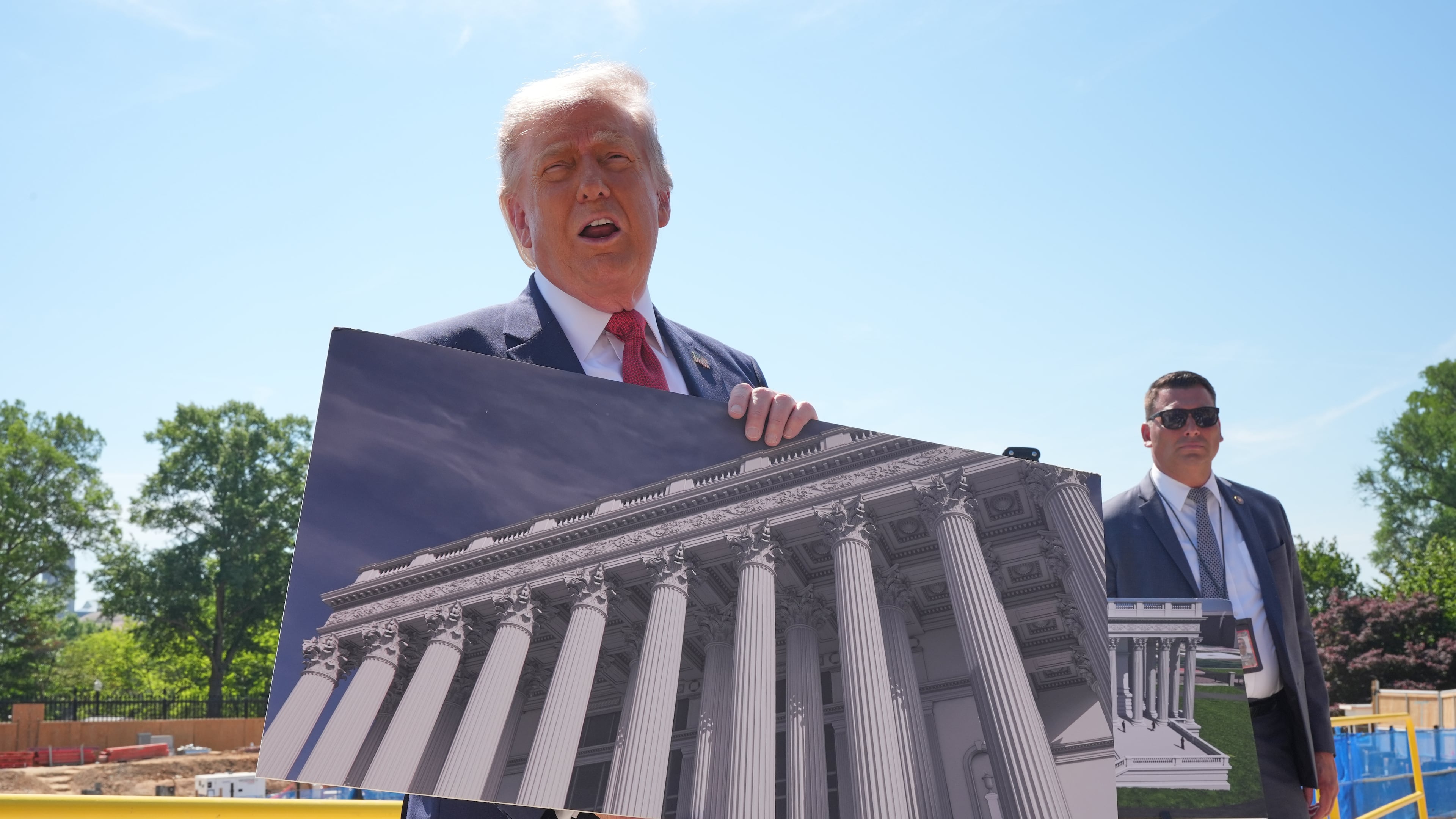 President Donald Trump tours Ballroom construction around the outside the White House, Tuesday, May 19, 2026, in Washington. (AP Photo/Jacquelyn Martin)