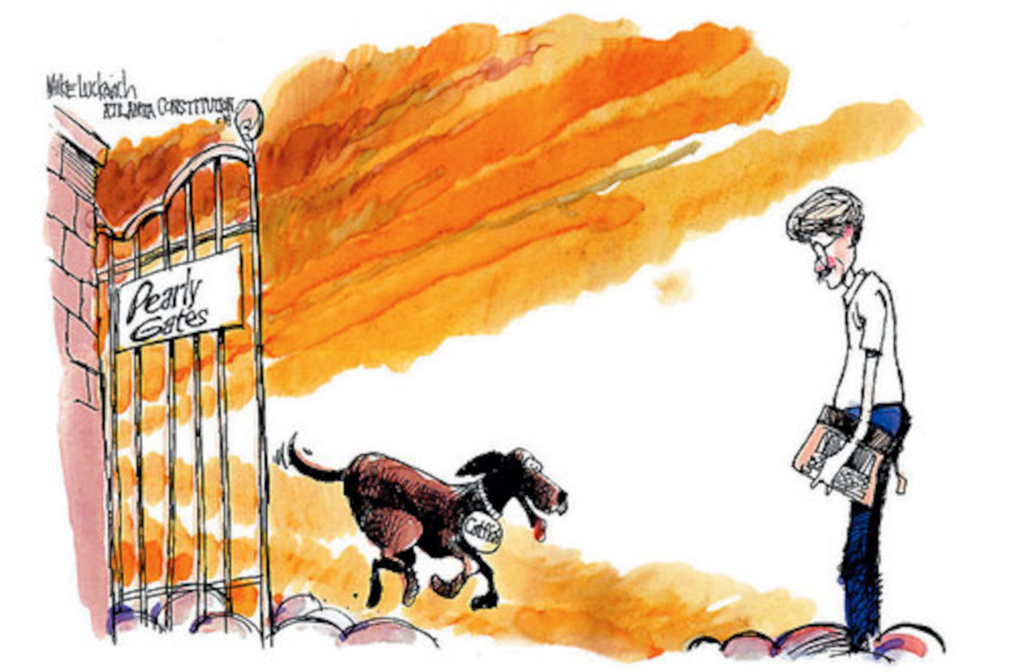 This cartoon by AJC's Mike Luckovich shows Lewis Grizzard being greeted by his dog, Catfish, at the entrance to heaven.