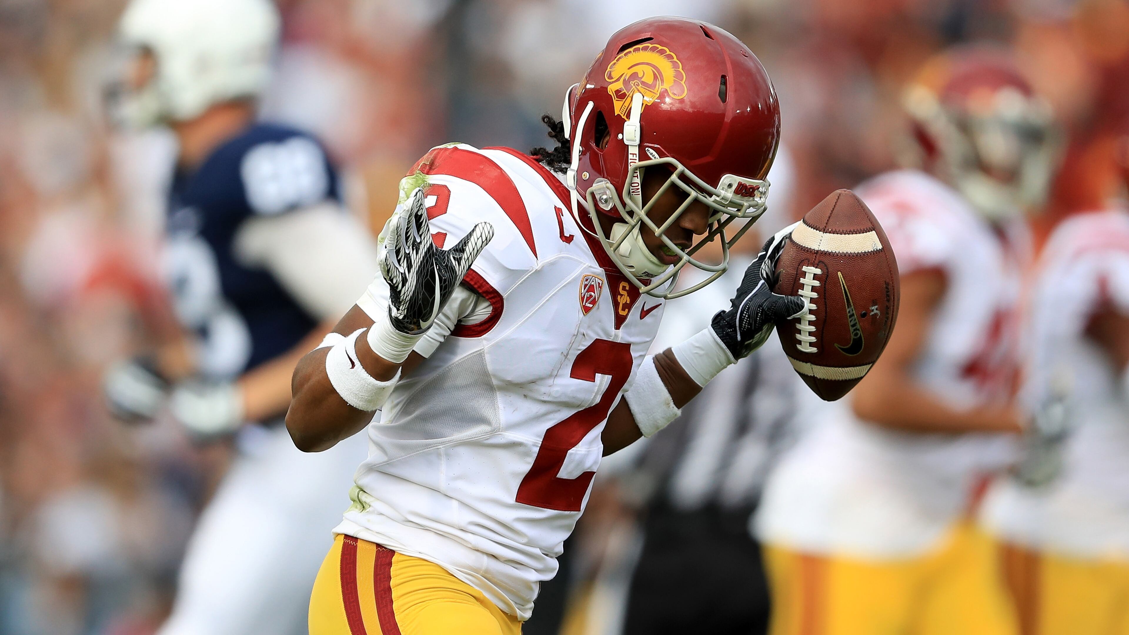 PASADENA, CA - JANUARY 02: Defensive back Adoree' Jackson #2 of the USC Trojans reacts after intercepting a pass during the first quarter against the Penn State Nittany Lions during the 2017 Rose Bowl Game presented by Northwestern Mutual at the Rose Bowl on January 2, 2017 in Pasadena, California. (Photo by Sean M. Haffey/Getty Images)