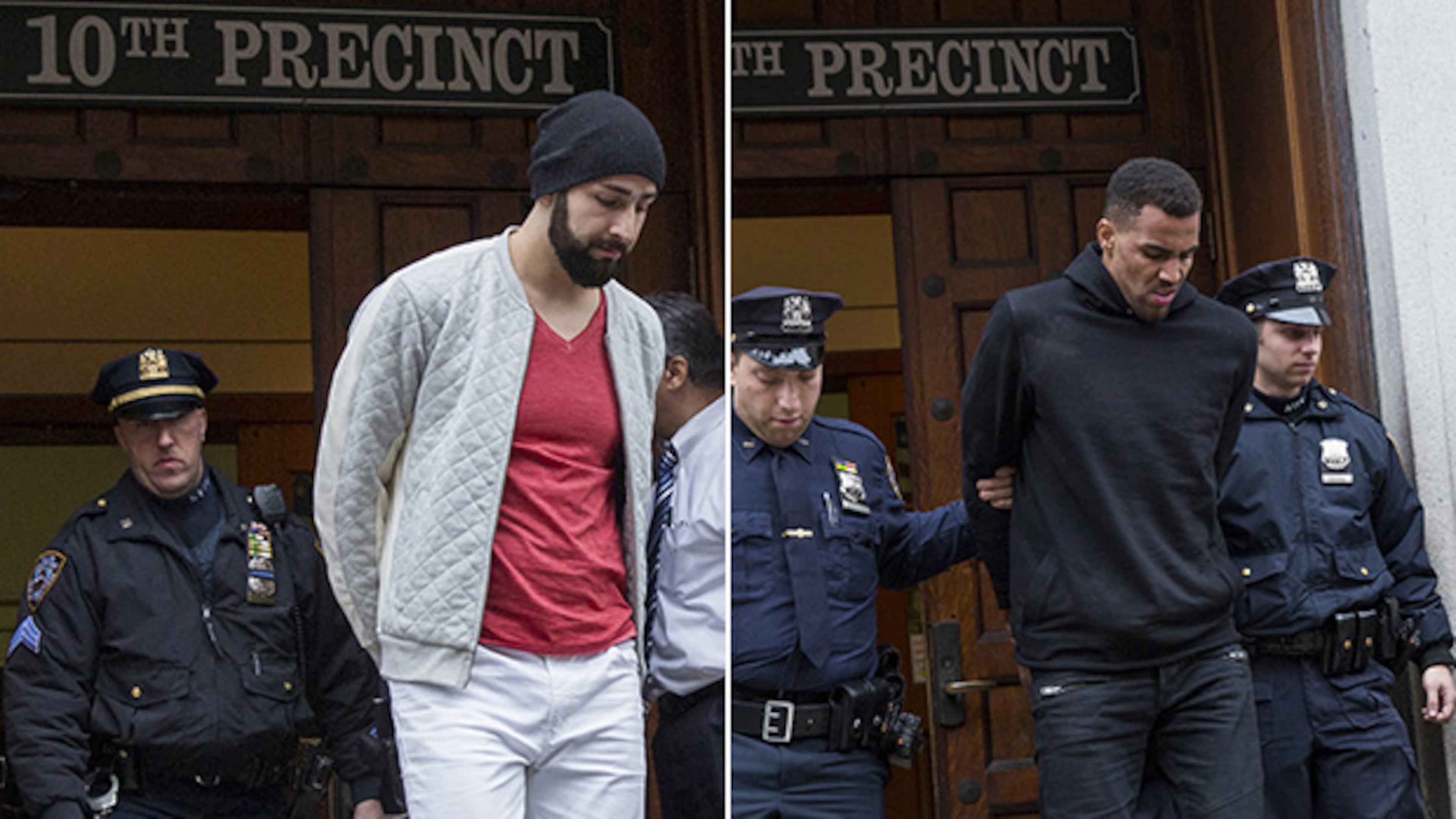 Two Atlanta Hawks players were taken into custody for interfering with the arrest and trying to prevent police from setting up a crime scene. Police identified them as (left) Pero Antic, 33, and (right) Thabo Sefolosha, 30. Here the two are escorted out of 10th Precinct of the New York Police Department (NYPD) in Manhattan, New York April 8, 2015. NBA player Chris Copeland of the Indiana Pacers and his wife were stabbed during a dispute outside a New York City nightclub early on Wednesday and hospitalized with non-life-threatening injuries, according to police and media reports. REUTERS/Andrew Kelly