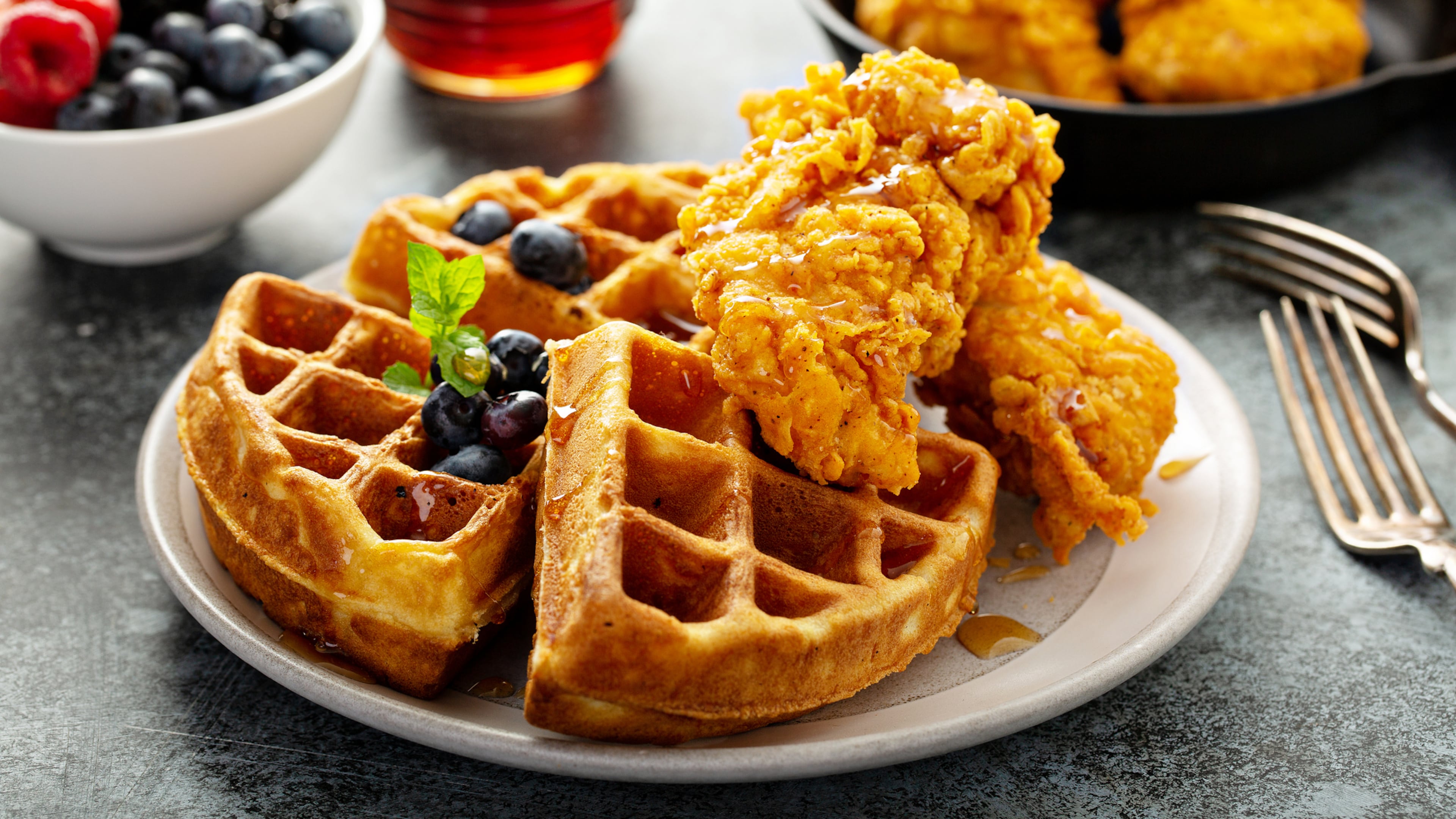 Waffles with fried chicken and maple syrup, southern comfort food