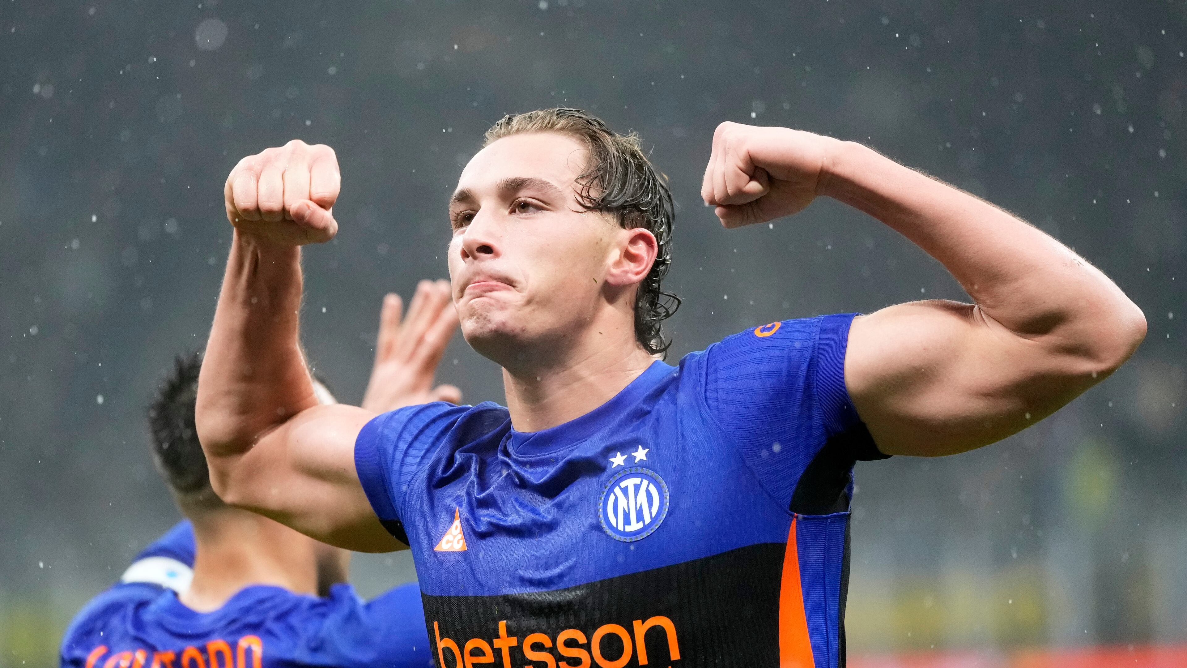 Inter Milan's Francesco Pio Esposito celebrates after scoring his side's third goal during a Serie A soccer match between Inter Milan and Pisa, in Milan, Italy, Friday, Jan. 23, 2026. (AP Photo/Luca Bruno)