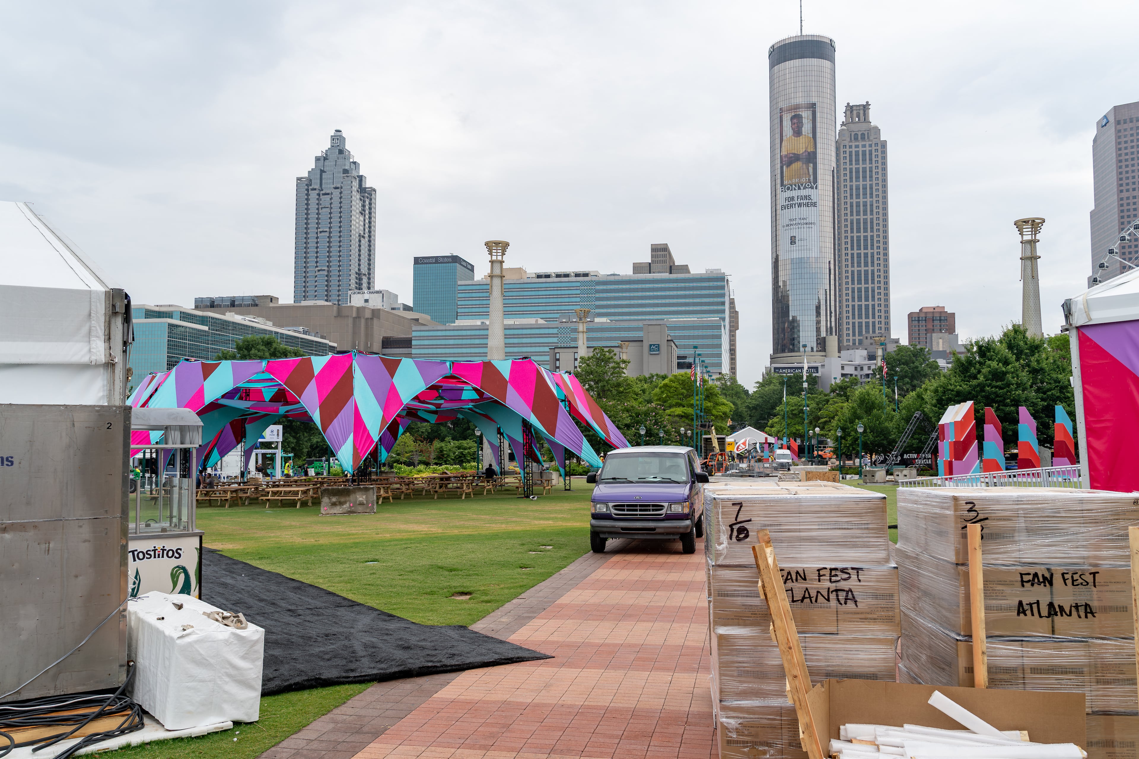 Work continues preparing Cenntennial Olympic Park to host the upcoming FIFA Fan Festival on Tuesday, June 9, 2026. (Ben Hendren for the AJC)
