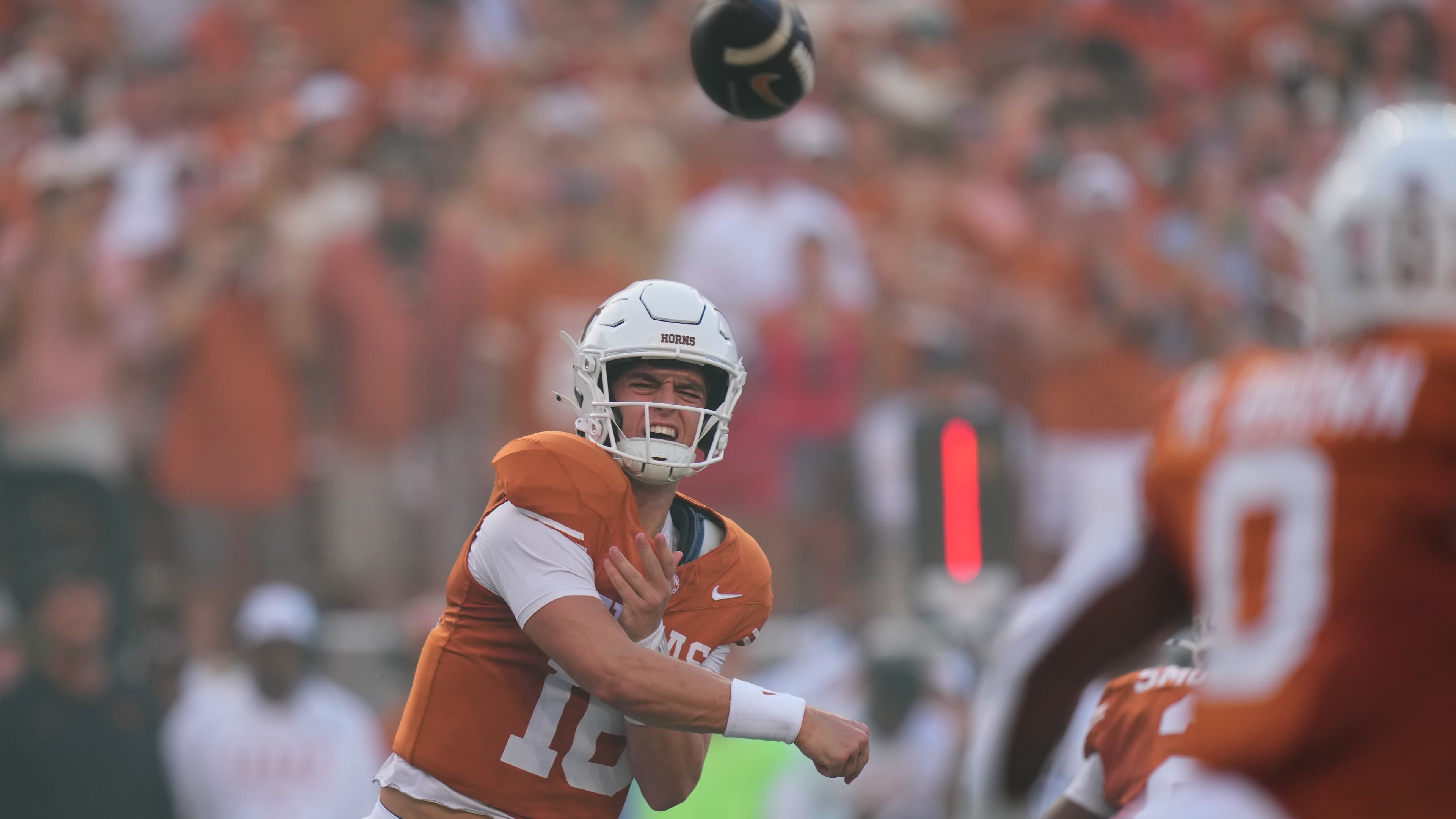 Texas quarterback Arch Manning (16) throws against Ohio State during the first half of an NCAA college football game in Austin, Texas, Saturday, Sept. 12, 2026. (AP Photo/Eric Gay)