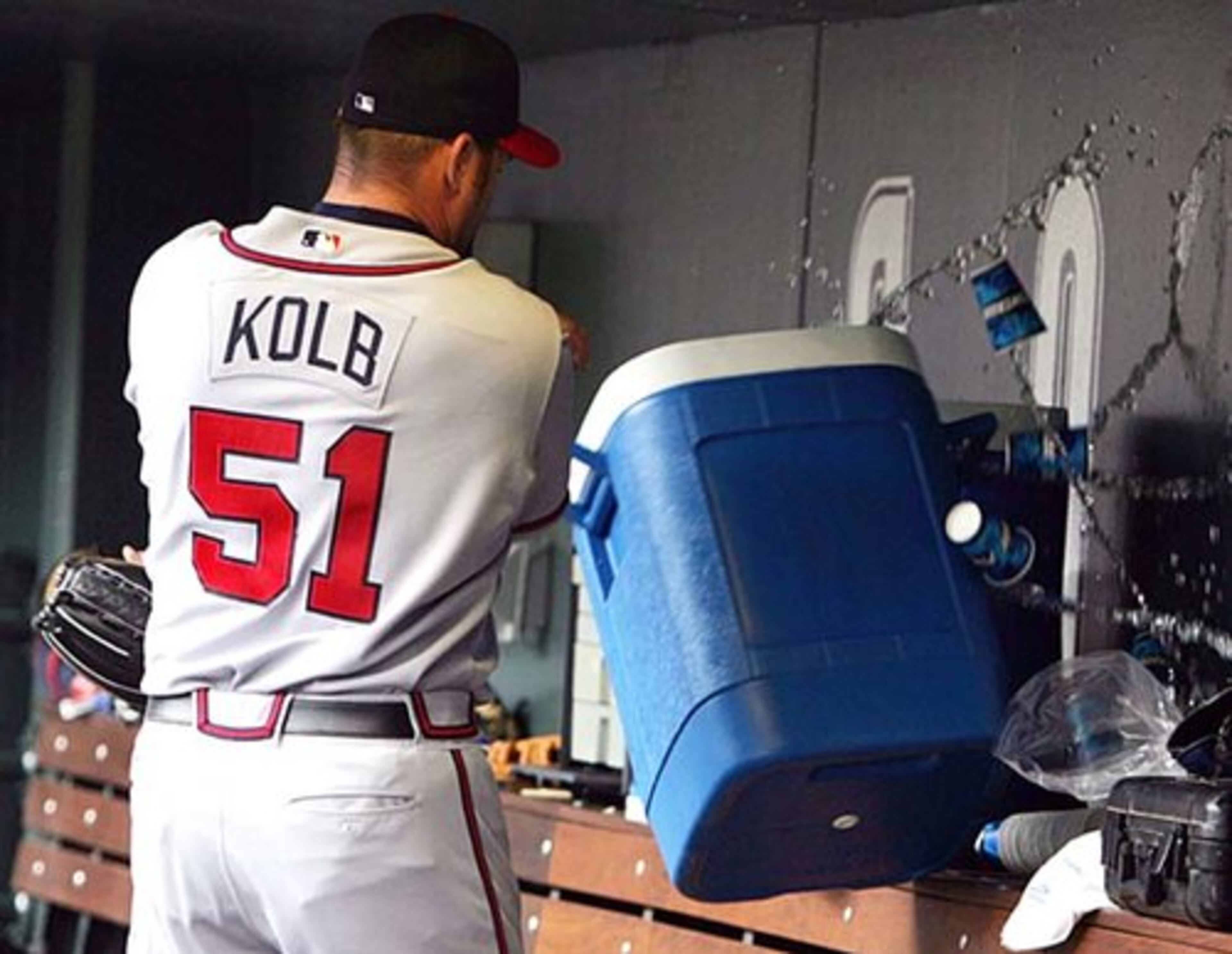 2005: Atlanta Braves reliever Dan Kolb knocks over a water cooler in the dugout after he was pulled in the ninth inning of a 6-5 loss to Colorado. In one season as the closer with Atlanta, Kolb went 3-8, posting only 11 saves.