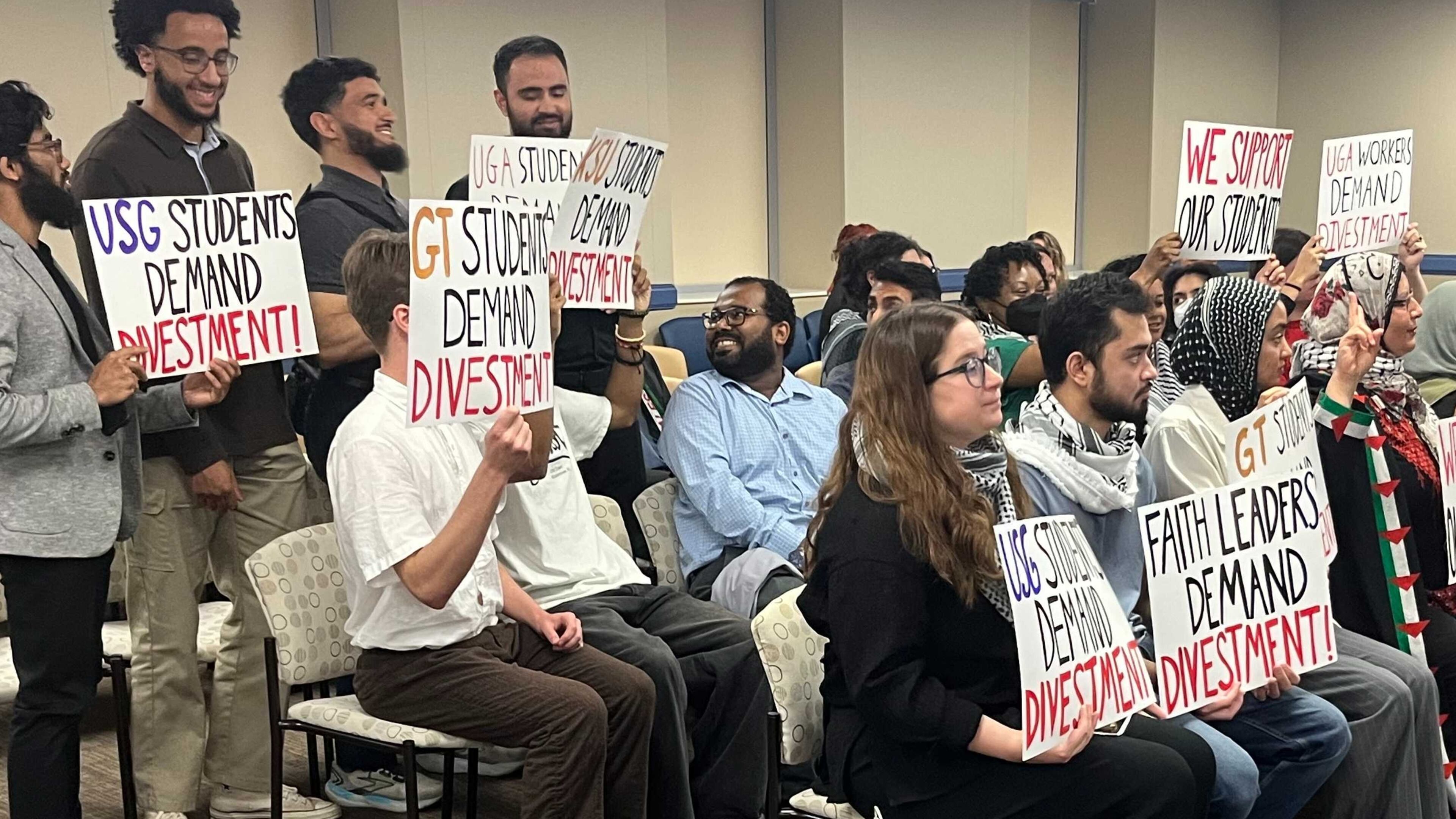 A group of University System of Georgia students and recent graduates prepare for a presentation to state Board of Regents at its May 15, 2025 meeting, with the group urging divestment of financial ties with Israel. (Jason Armesto/AJC)